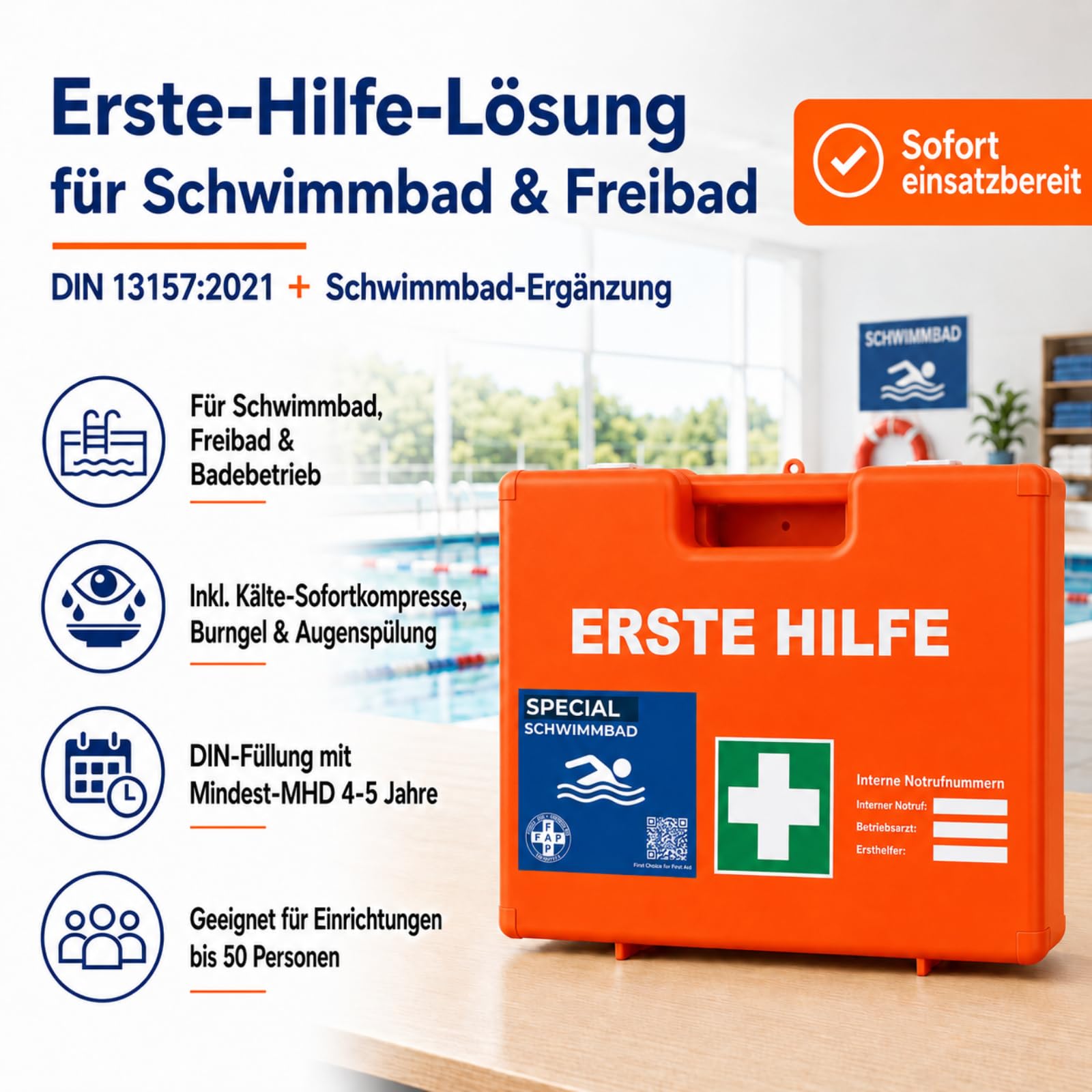 FAP Erste-Hilfe-Koffer Schwimmbad DIN 13157 gefüllt - Orange | Beatmungstuch & Kältekompresse | Pool Aqua Freibad Hallenbad Wassersport ABS Kunststoff, Betriebsverbandkasten Wandhalterung -33×42×15 cm