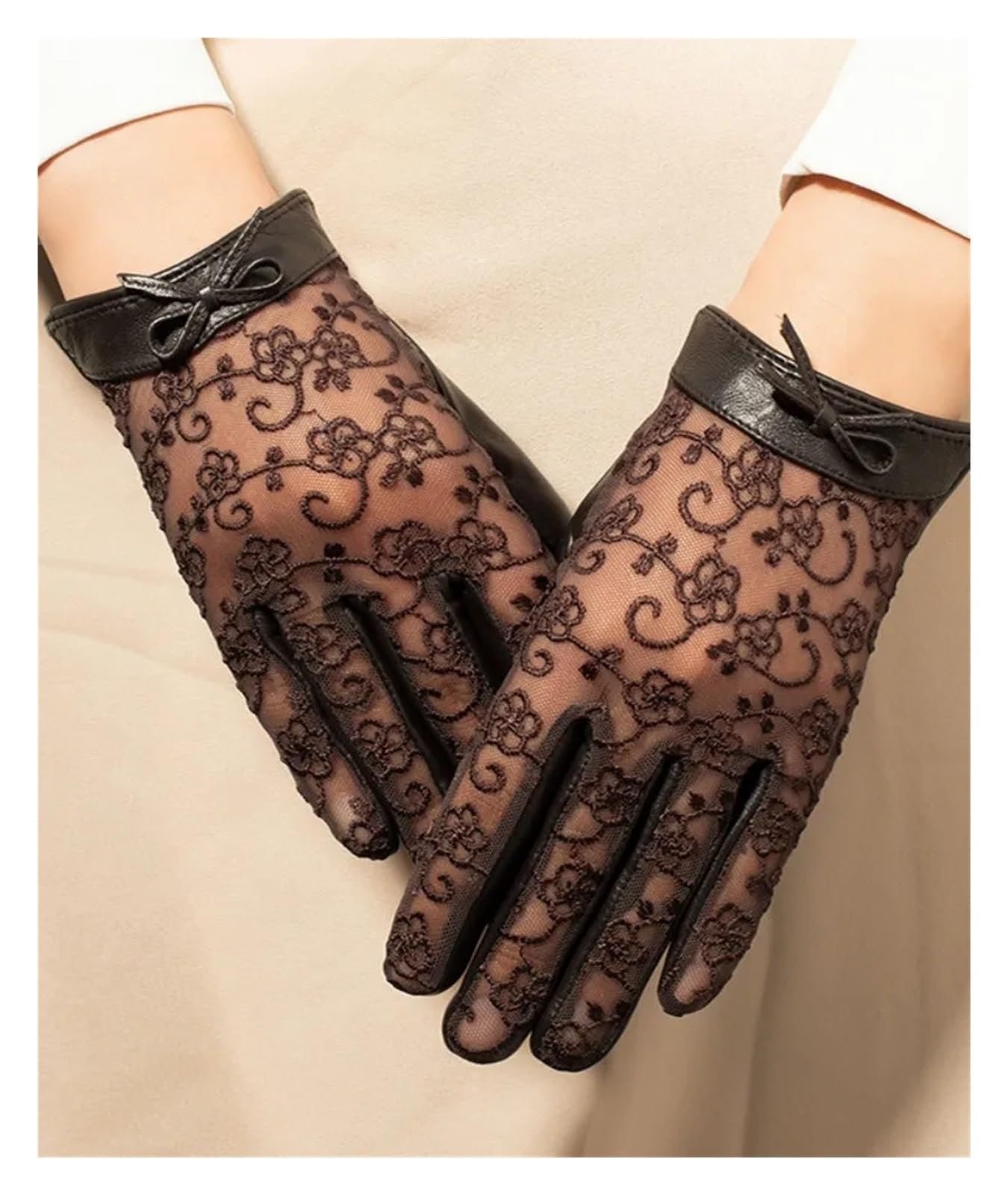 Women Breathable Patchwork Flower Lace Genuine Leather Gloves