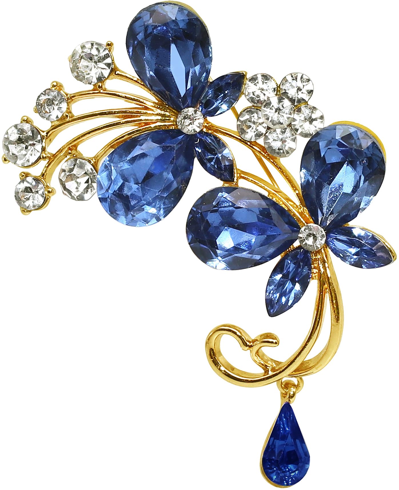 Bijoux De JaGold Tone Enamel Rhinestone Faux Pearl Wild Orchid Design Brooch Pin (Blue)