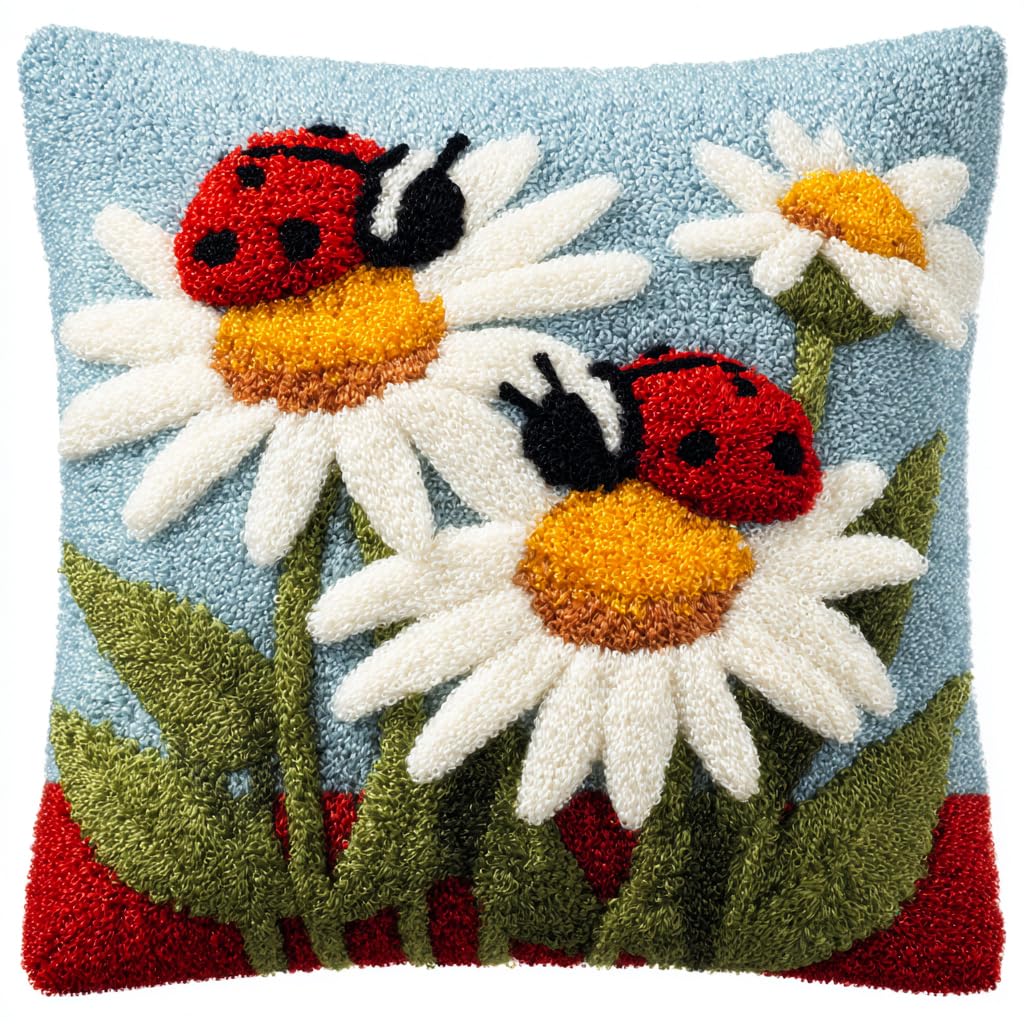 Henypt DIY Pillow Cover Latch Hook Cushion Kits, Flowers and Ladybugs