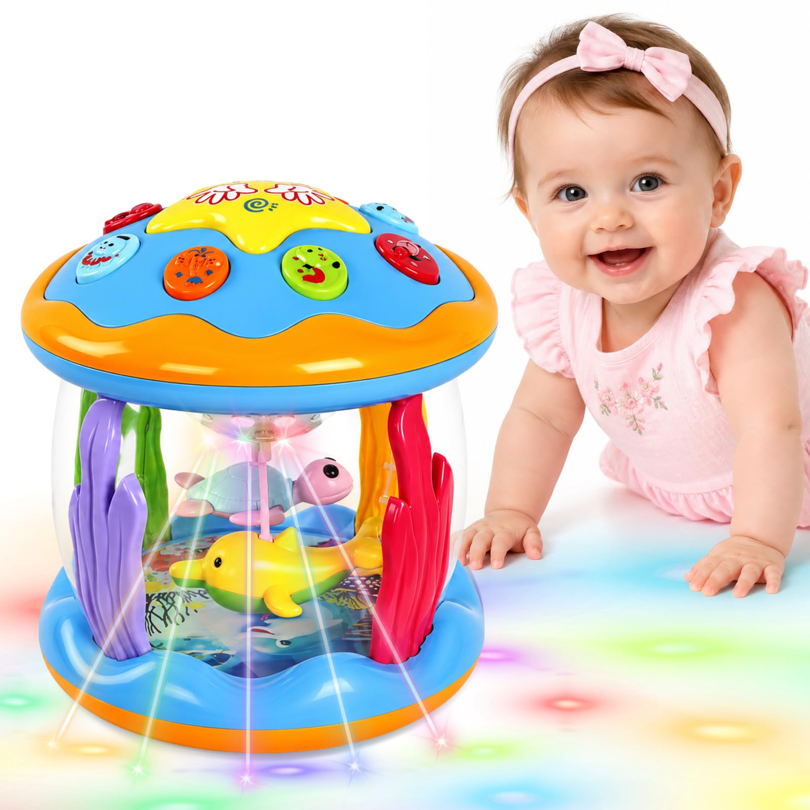 BELEEV Baby Toys 6-18 Months, 360° Ocean Projection Rotating Musical Light Up Toys, Sensory Toys Crawling Learning Tummy Time Toys for 1 Year Boys Girls Birthday Gifts