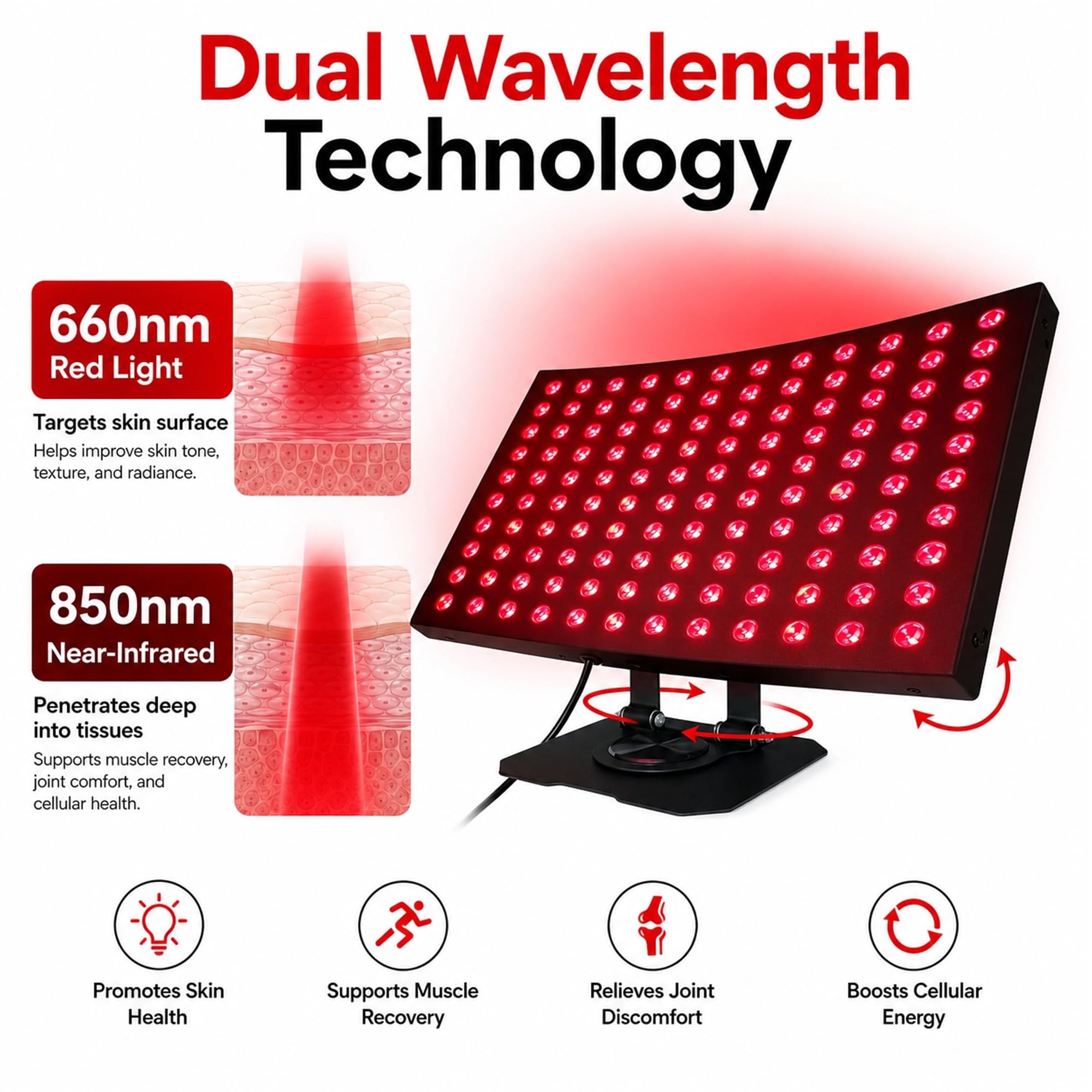Obrotowa lampa LED 360° z czerwonym światłem do terapii światłem 300 W – podwójna długość fali 660 nm i 850 nm, światło bliskiej podczerwieni do codziennej pielęgnacji twarzy, ciała i zwierząt