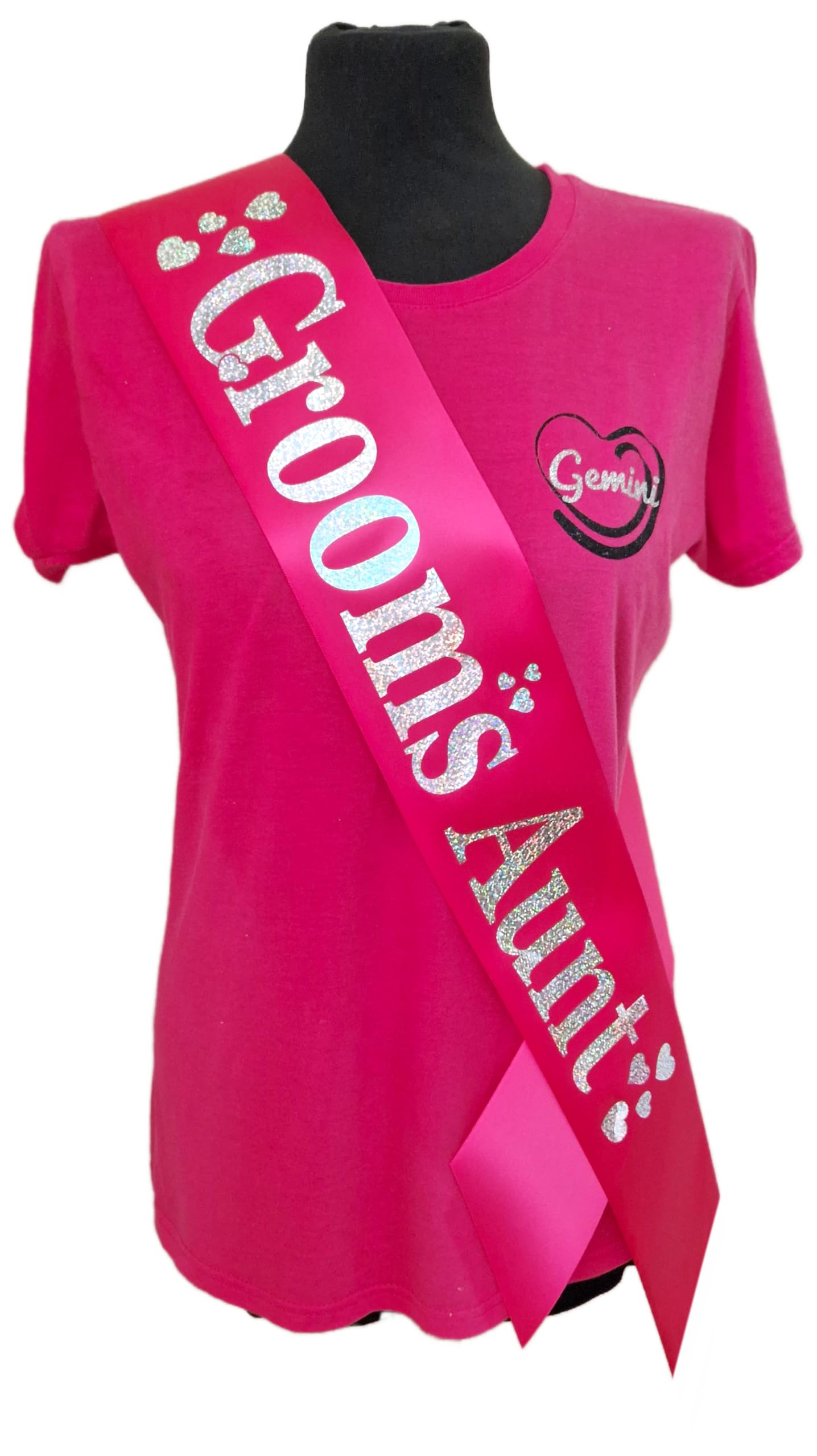 Hen Party Sashes - Beautiful fuchsia satin ribbon with silver holographic text and heat embelishments - Grooms Aunt — image 1