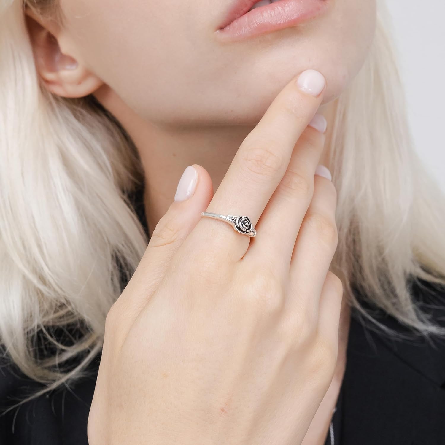 Hoops & Loops 925 Sterling Silver Oxidized Flower Leaves Rose Blooming Branch High Polish Tarnish Resistant Comfort Fit Floral Ring for Women - Image 2