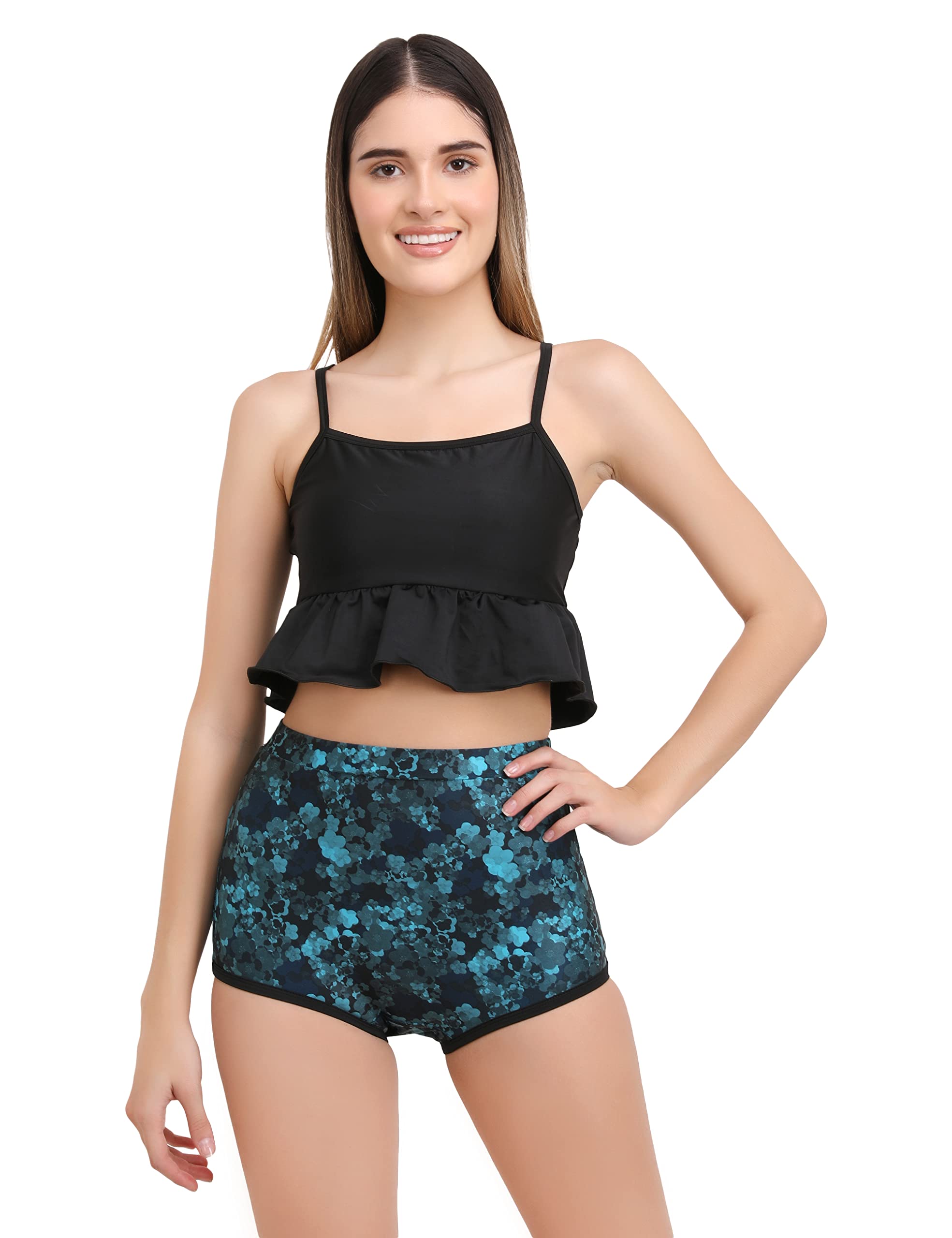 Solid Black Layer Padded Crop Top with Printed Floral Short Two Piece Swim Wear/Suit for Women-image-37