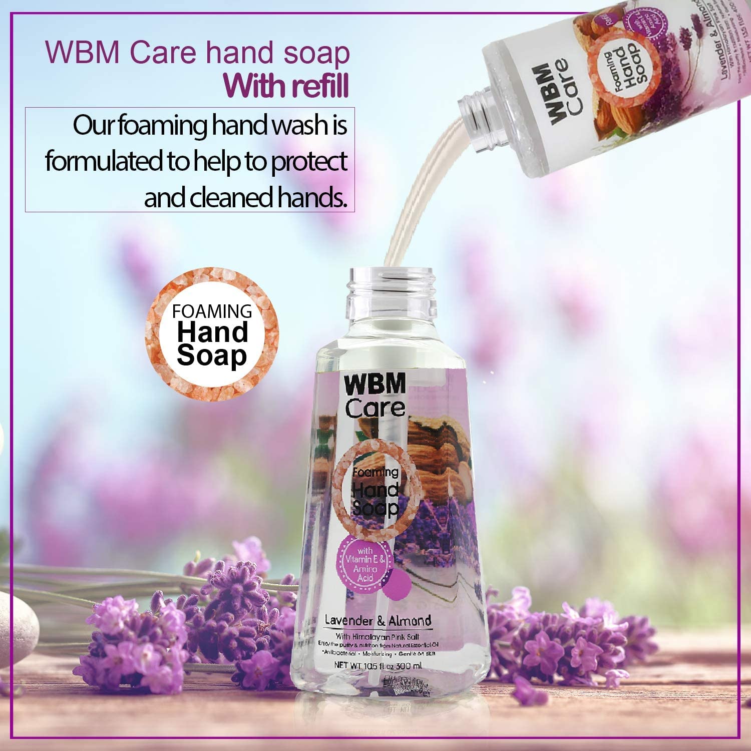 WBM Care Lavender Natural Foaming Soap Refills, Enriched with Almond Scent, Vitamin E & Amino Acid, Moisturizing & Nourishing, Hand Wash, 13.5 Oz/Each (Pack of 3) - Image 3