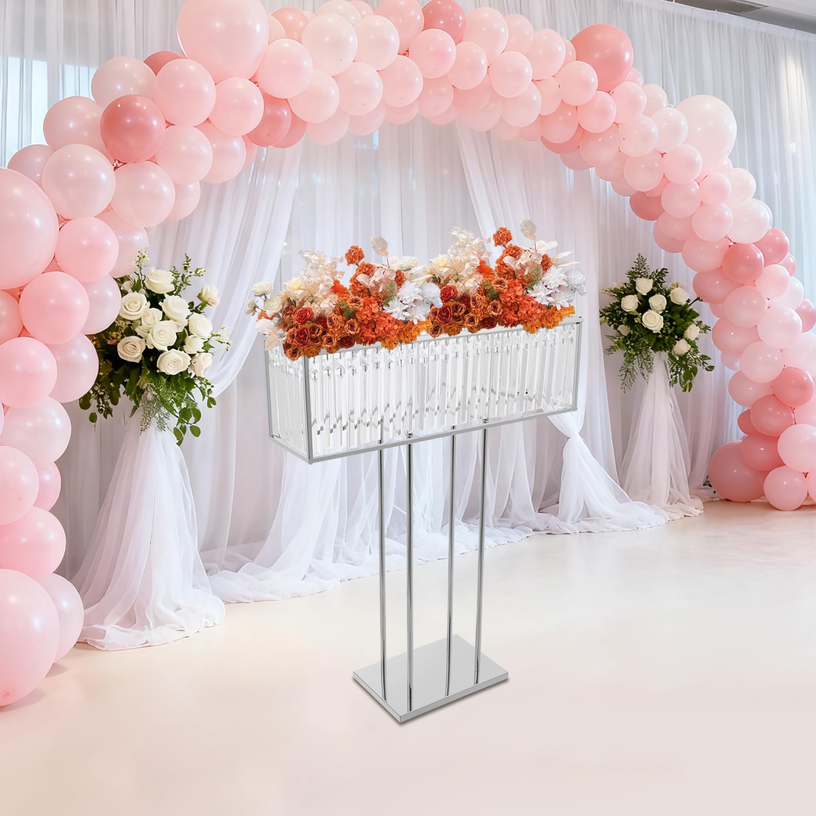 Support à fleurs 70 cm - Fer et cristal - Pour anniversaire, fête et hall d'hôtel | Décoration de mariage - Charge maximale de 5 kg - Argent - Centre de table élégant ou marque-page autoportant