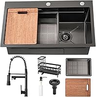 Wupste Gunmetal Black 30 Inch Drop-In Workstation Kitchen Sink with Faucet Combo, Scratch-Resistant SUS304 Steel Single Bowl