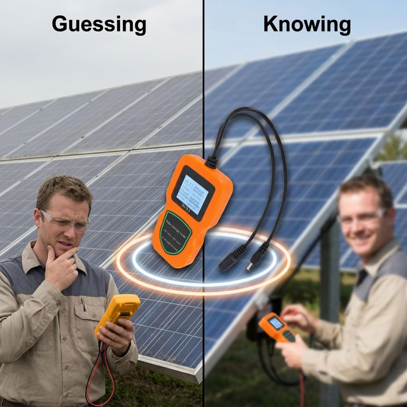 Tester per pannelli solari, 500 W, multimetro fotovoltaico LCD arancione, ampio raggio 5 W-500 W, display corrente di tensione, retroilluminazione, include clip di alimentazione, per analisi