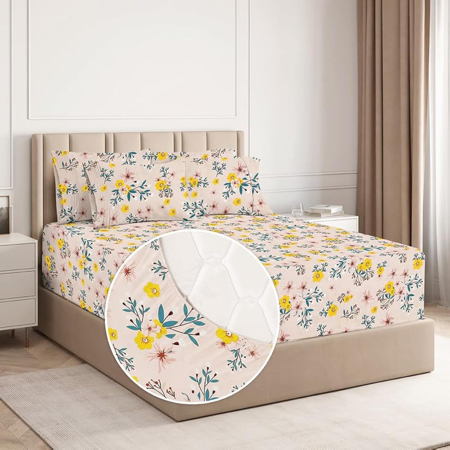 BSB HOME Fitted Bedsheet For King Size Bed Cotton Elastic Fitted With Deep Pocket 220 Tc Wrinklefree | Breathable Super Soft Sheet King Size Mattress - Floral, Beige Green & Yellow,78 x 72 +12 Inches\