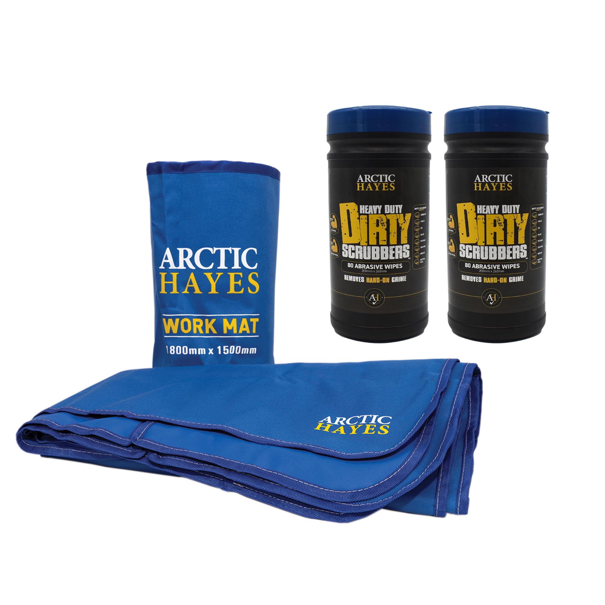 Arctic Hayes Large Work Mat, 1800mm x 1500mm, and 2 Tubs of Dirty Scrubbers, industrial cleaning wipes (160 Wipes)