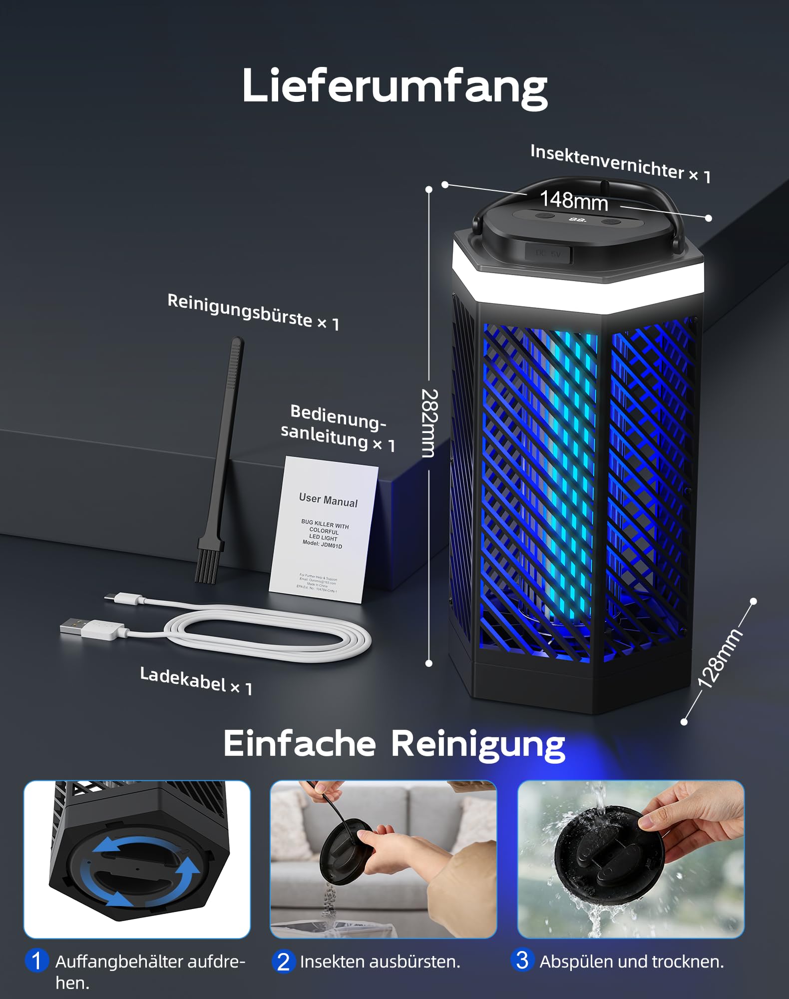 Elektrischer Insektenvernichter - 3 in 1 Mückenlampe mit UV-Licht, 8000mAh Akku, Weiß & RGB-Beleuchtung, IPX4 Wasserdicht, USB-C Wiederaufladbar, Mückenfalle für Camping, Garten, Draußen Innen