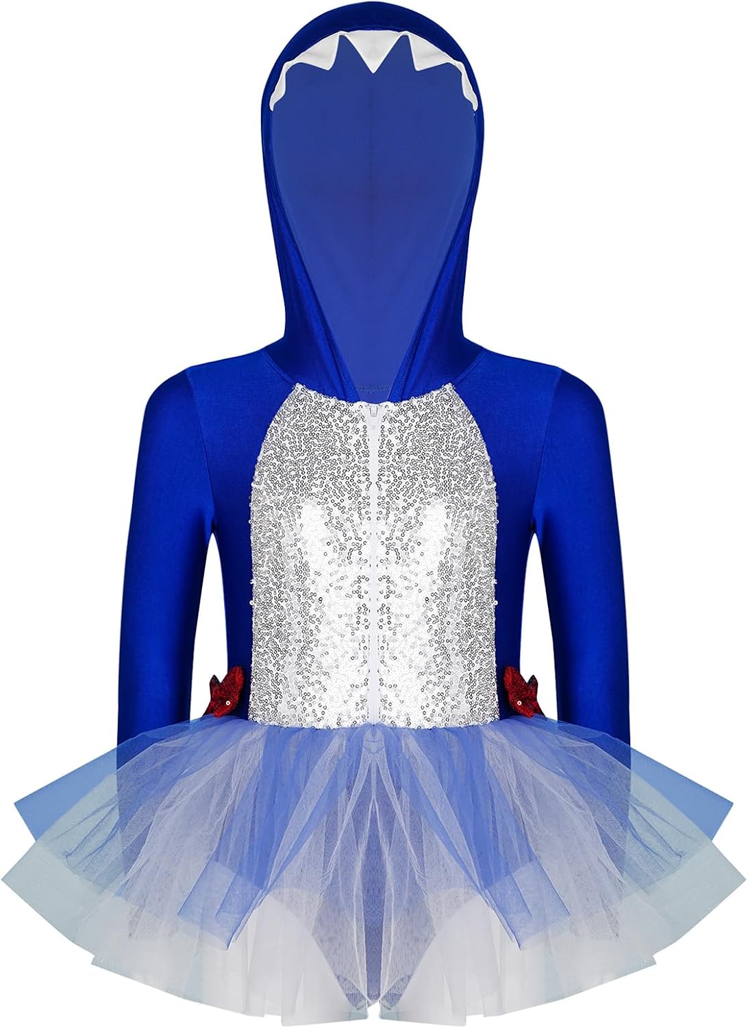 Lejafay Girls Shark Bodysuit for Ballet Dance Performance Shiny Sequins Mesh Patchwork Hooded Tulle Dress