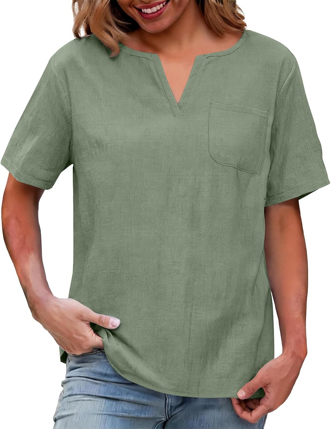 Womens Cotton Linen T-Shirt - Solid Short Sleeves Casual Loose Top, Stylish Round Neck Blouses for Everyday Wear