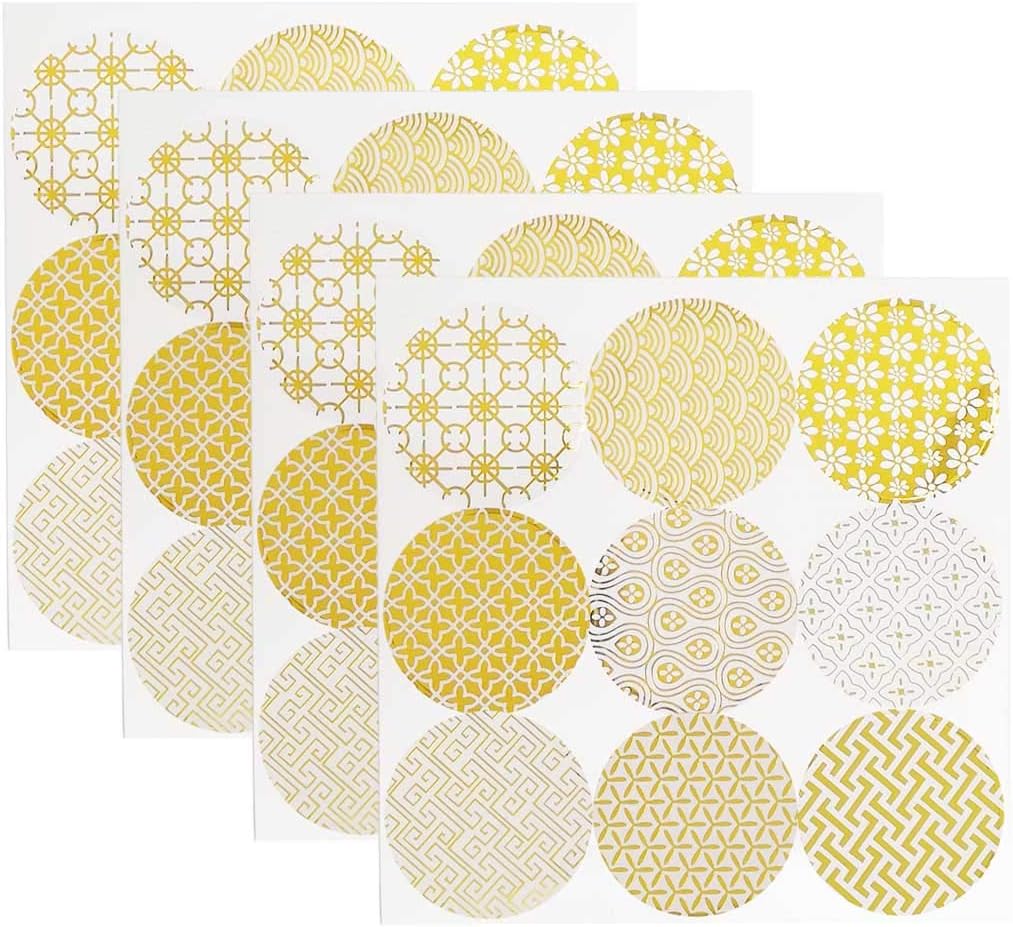 12 Sheets Decorative Gold Circle Envelope Seals Stickers Gift Boxes Sticker Party Favor Bags Sticker Label Stickers Holiday Birthday Party Wedding Baby Shower Decorations (108 Pieces)