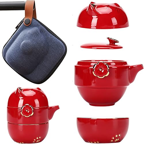 Juego de taza de té de cerámica portátil: juego de tetera de porcelana Lucky Cat con colador de té, tapas y 1 estuche de almacenamiento a prueba de