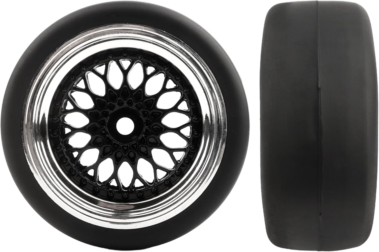 4-Pack RC 1/10 Scale On Road Slick Tires OD2.55 Rubber Wheel Rims 12mm Hex Compatible with Traxxas 4 Tec 2.0 Tamiya TT01 XV01 Kyosho WR8 Sakura WLtoys HPI Touring Racing Car