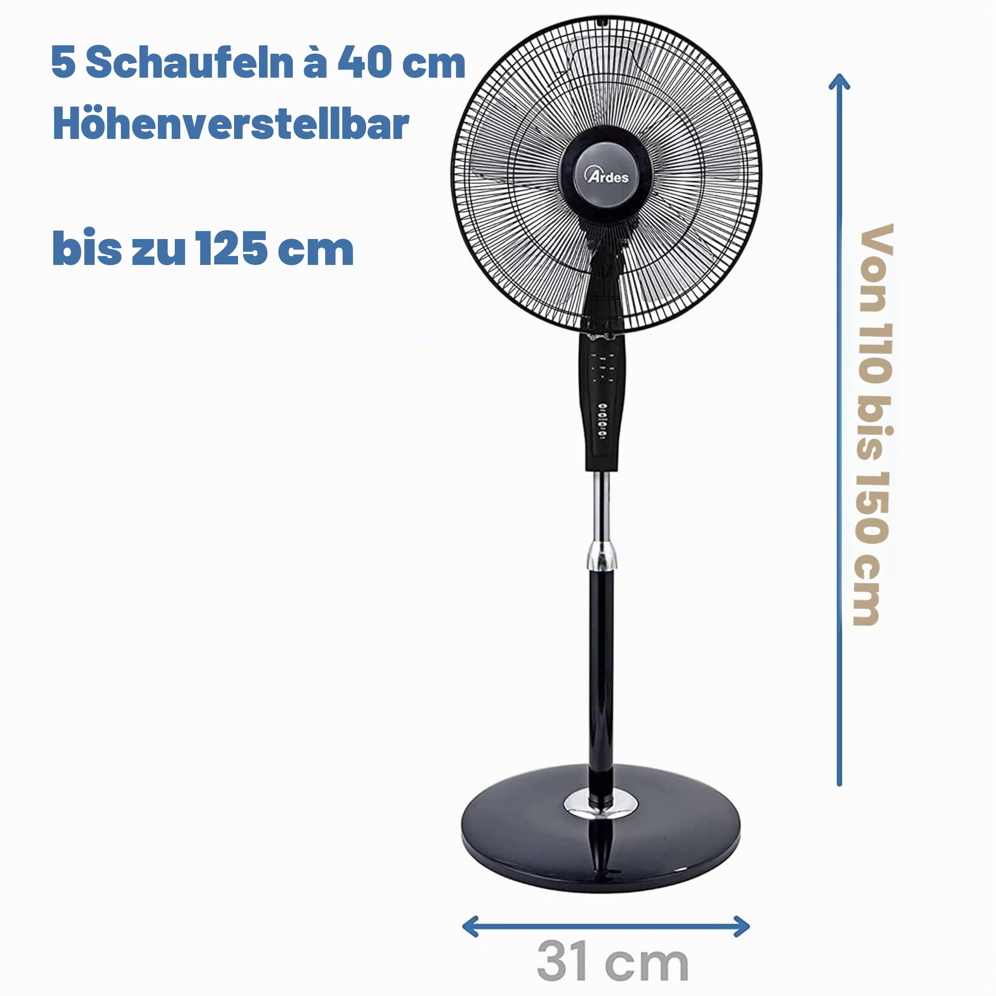 ARDES - AR5S40PBR Standventilator, mit Fernbedienung und Timer, leise und leistungsstark, 5 Flügel, 40 cm, oszillierend, mit verstellbarer Höhe und Neigung, 3 Geschwindigkeitsstufen