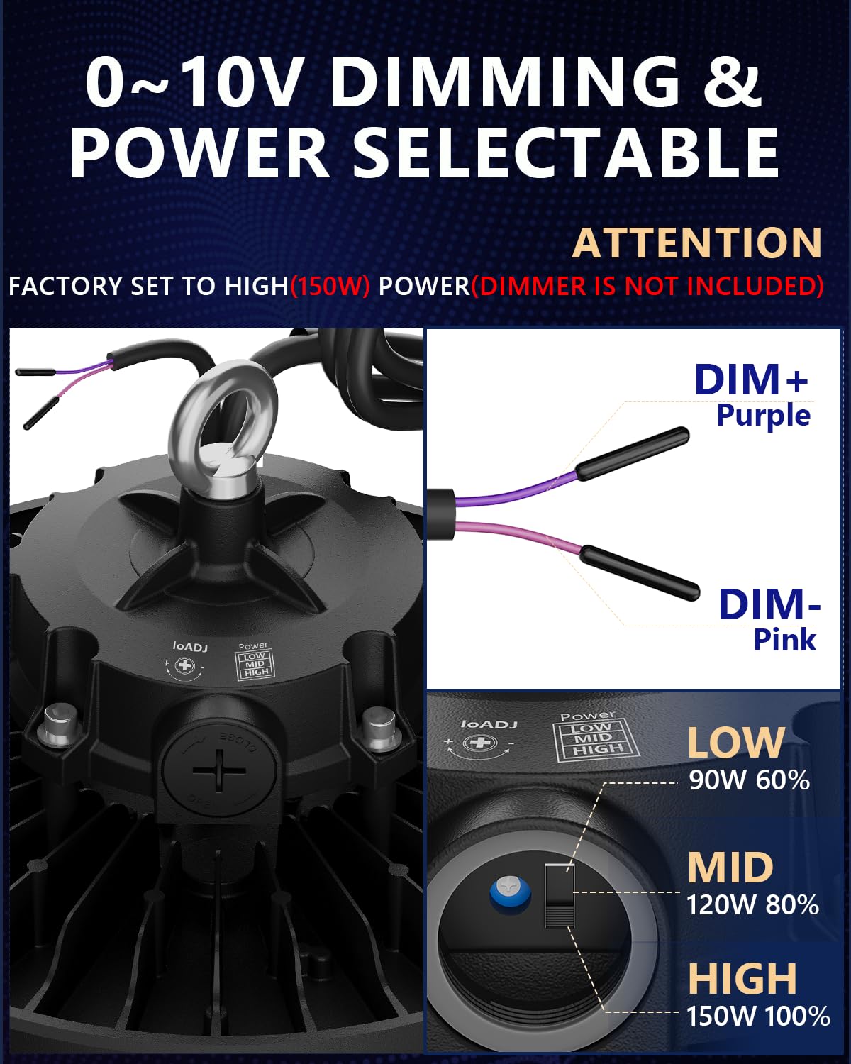 UFO LED High Bay Light Pro 150W LED Shop Lights 0-10V Dimmable 30000LM 5000K 60 -100 Power Selectable — view 4