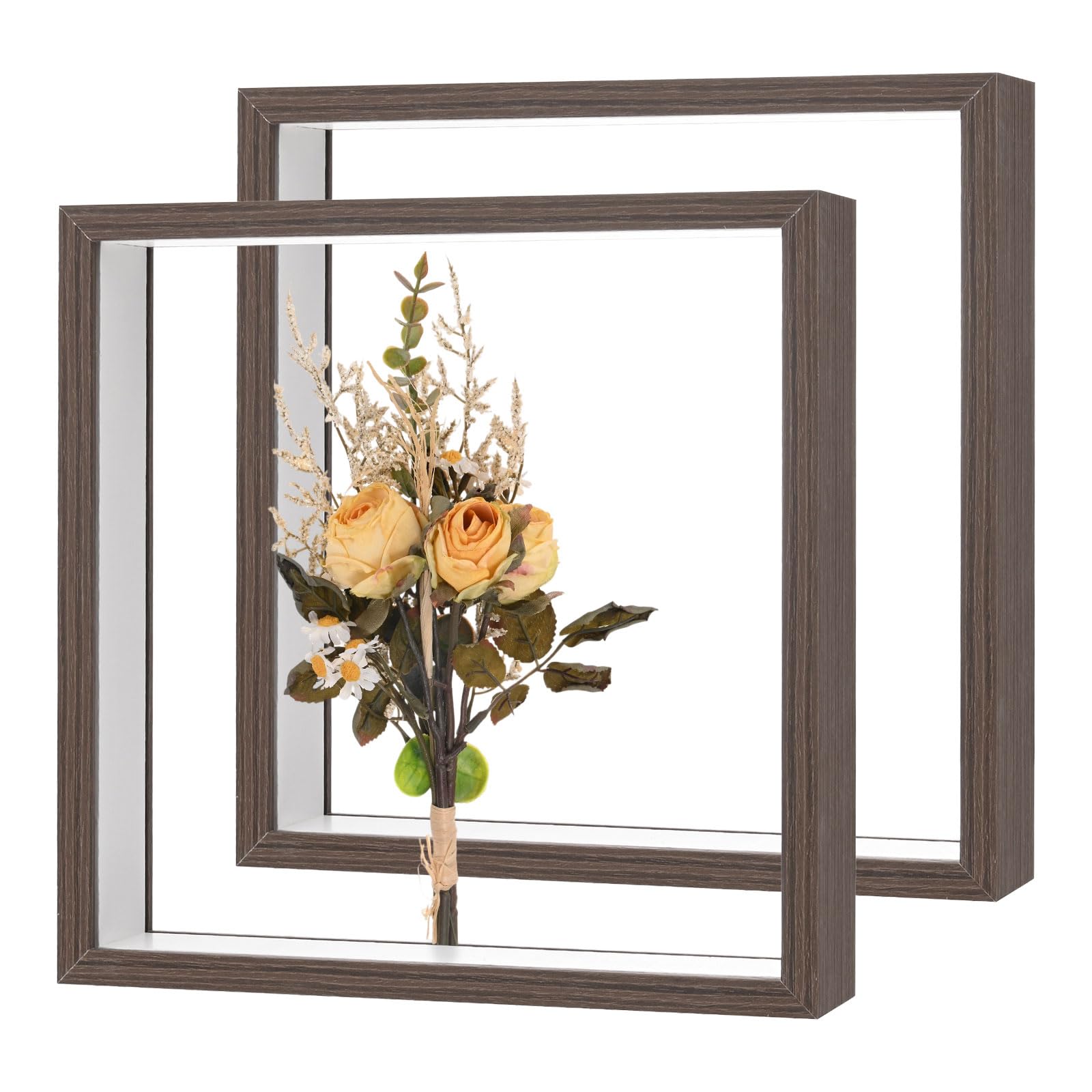 M METERXITY 2-Pack Dried Flower Frame, 10 x 10 Inch Double Acrylic Wooden Dried Flower Photo Floating Frame for Tabletop/DIY/Handicrafts [Coffee]