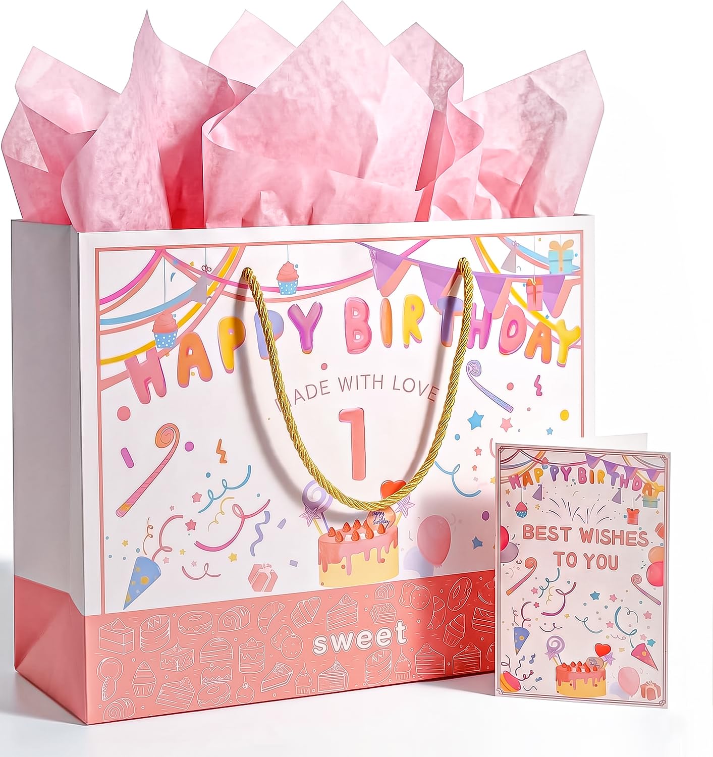 BOPLYBAY 1st Birthday Gift Bag for Girls with Greeting Card & Tissue Paper - Large 13" Pink Age 1 Birthday Party Favor Bag, Luxury Gift Wrapping Set for One Year Old Baby Girl (Age 1)