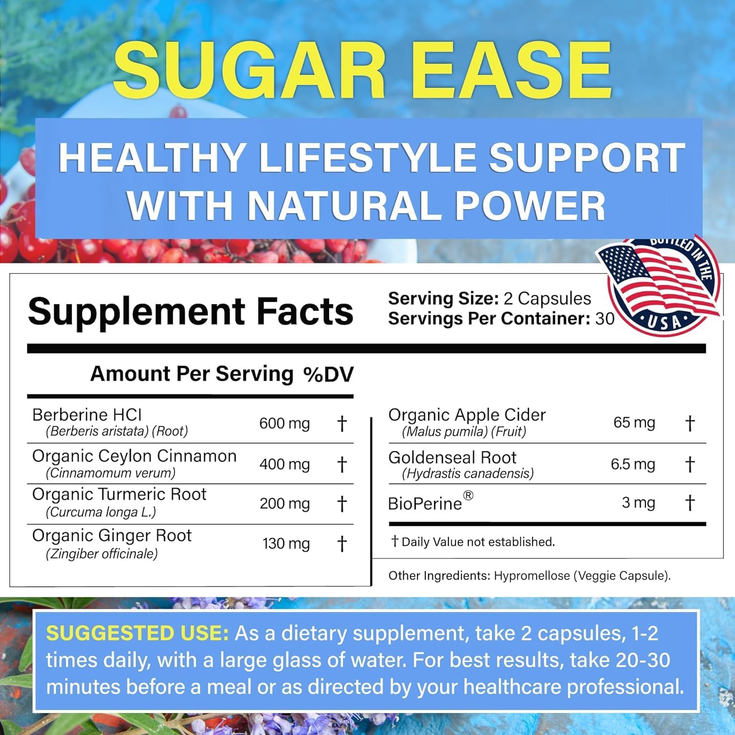 Avenir Nutrition Sugar Ease - Premium Berberine Supplement, Apple Cider Vinegar, Cinnamon - Organic Nutrients Cinnamon Capsules, 120 Capsules