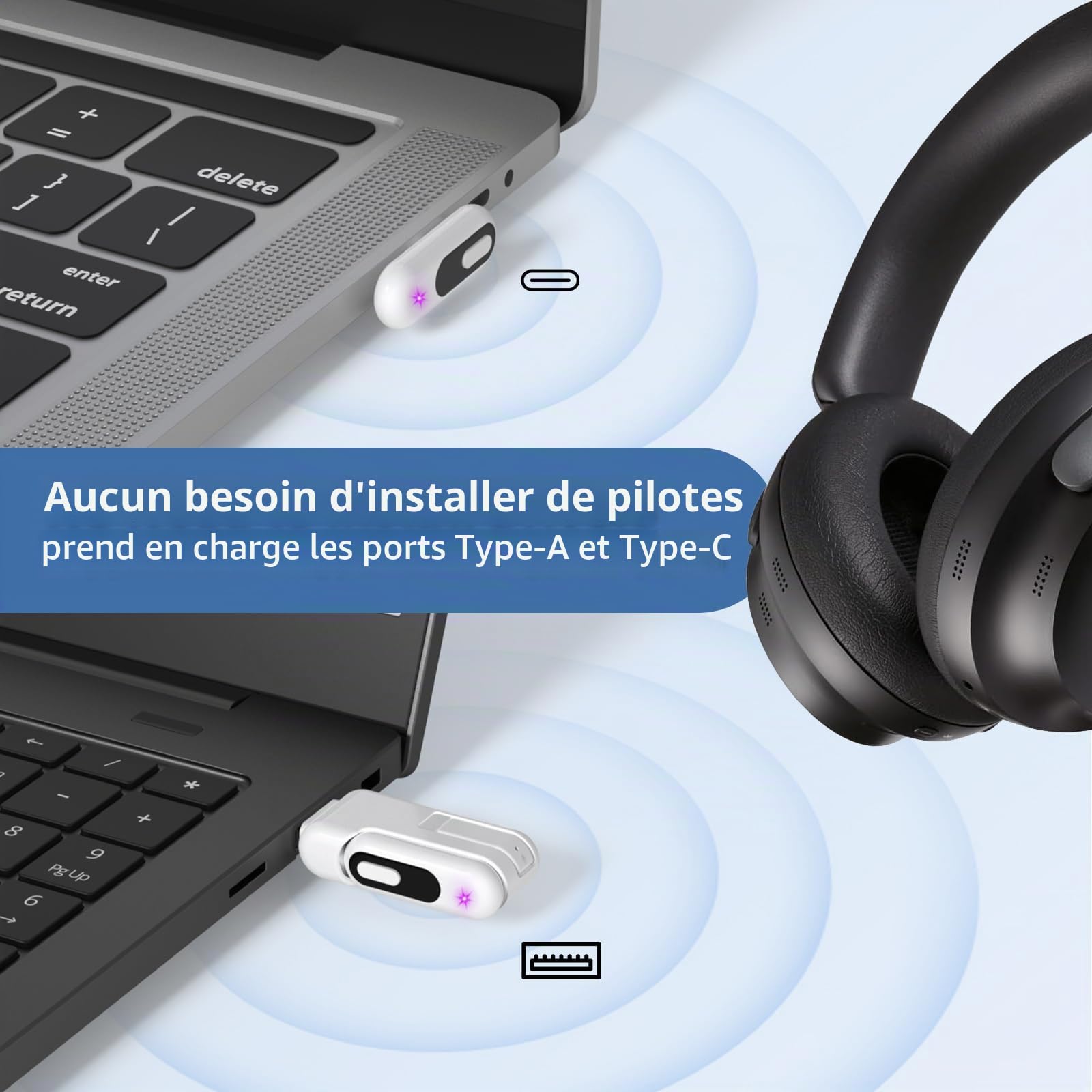 Adaptateur Bluetooth USB-C pour PS5, adaptateur audio Bluetooth USB-A 2 en 1 pour PS5 avec aptX-Adaptive et faible latence, émetteur audio sans fil pour connecter des écouteurs Bluetooth et