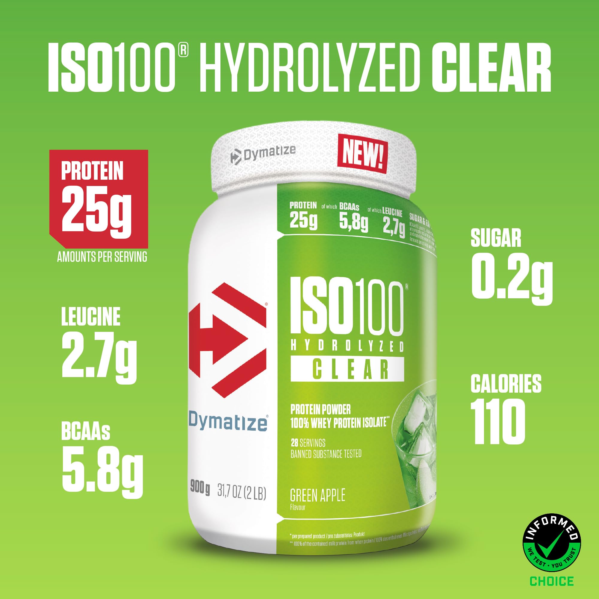 Dymatize ISO 100 Hydrolyzed Clear Green Apple 900g Proteine del siero di latte chiare in polvere idrolizzate e isolate
