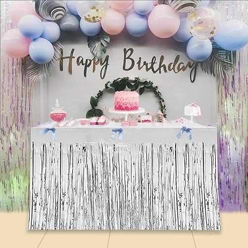 Miniatura 5 de Faldas de mesa de oropel con flecos metálicos de 9 pies x 29.5 pulgadas para mesas rectangulares, cortinas de fondo de oropel, suministros de