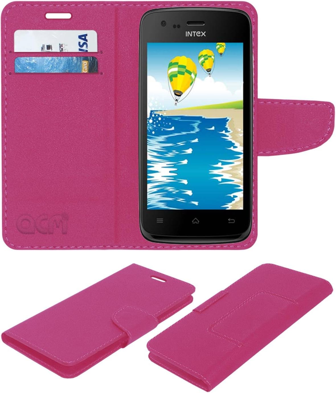 Acm Mobile Leather Flip Flap Wallet Case Compatible with Intex Cloud Glory Mobile Cover Pink