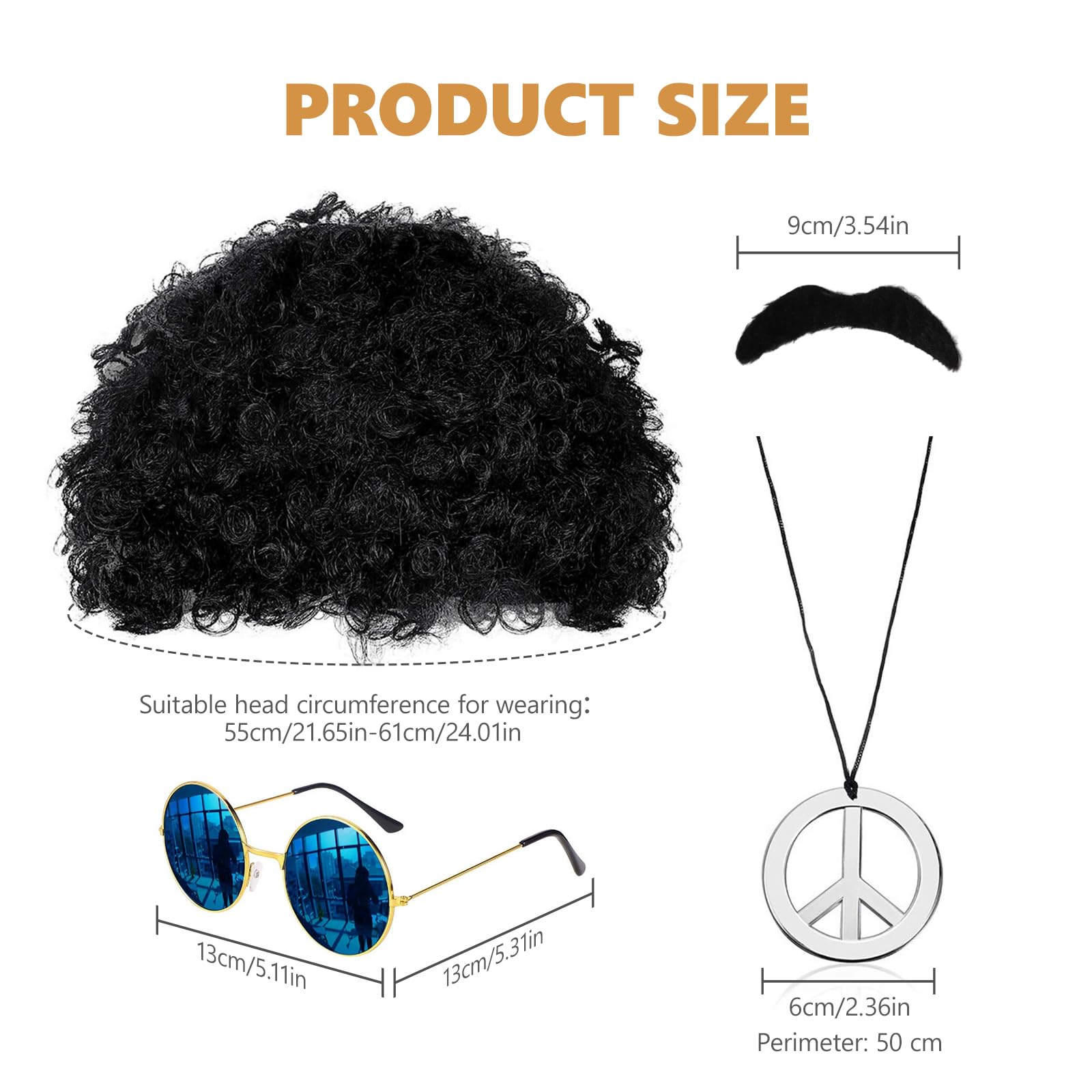 VQUNBG 4 Pcs Hippie Costume Set, 70s 80s Disco Fancy Dress Accessories, Mens & Womens Pop Hippie 70s Disco Fever Hair, Wig - Image 2