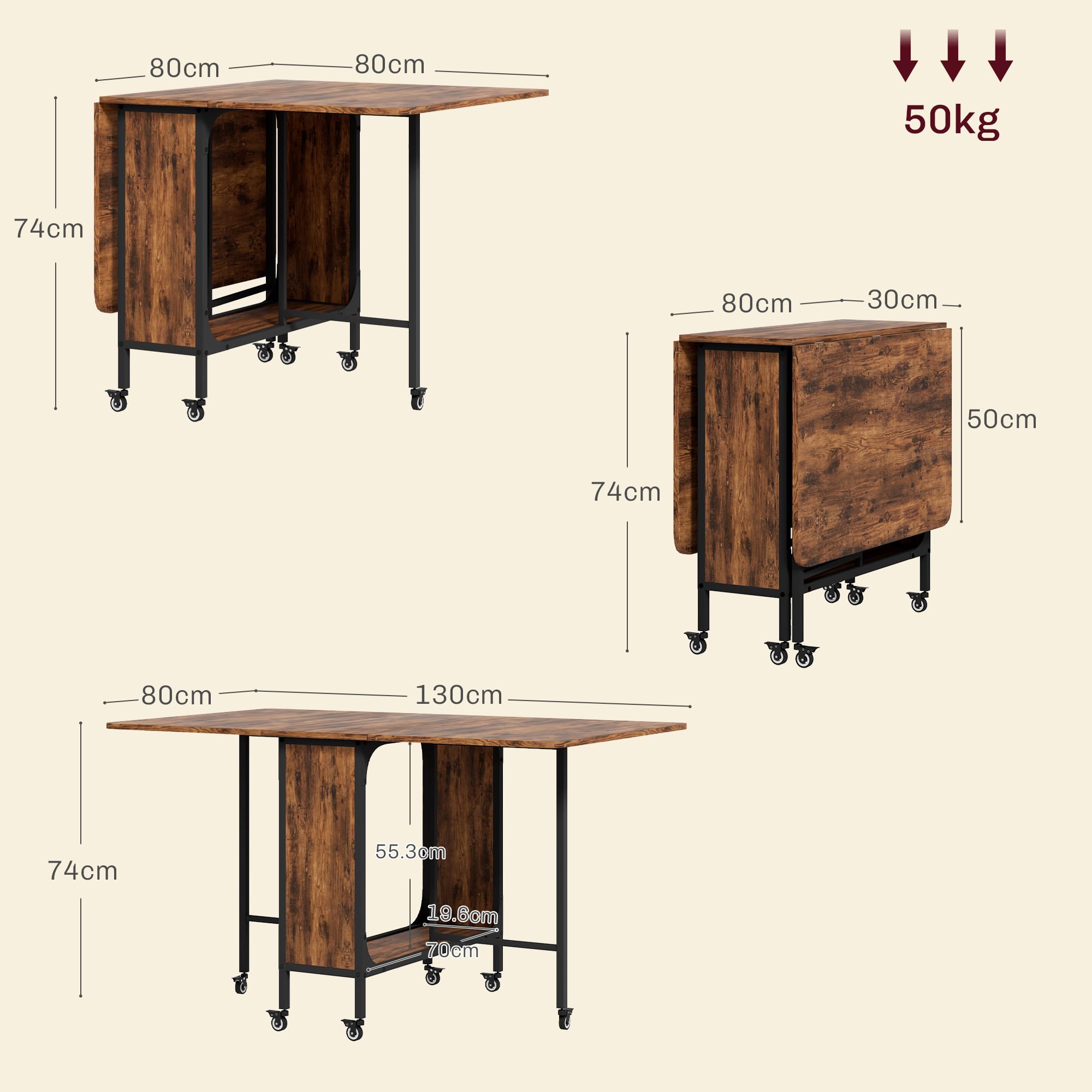 HOMCOM Mobile Drop Leaf Table, Folding Dining Table with 6 Wheels & Storage Shelf for Small Spaces, Kitchen, Dining Room, Rustic Brown - 3