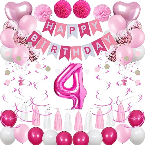 Decoraciones de cumpleaños número 4 para niñas, globos de feliz cumpleaños rosa y blanco, suministros de fiesta de 4 cumpleaños para hija, sus