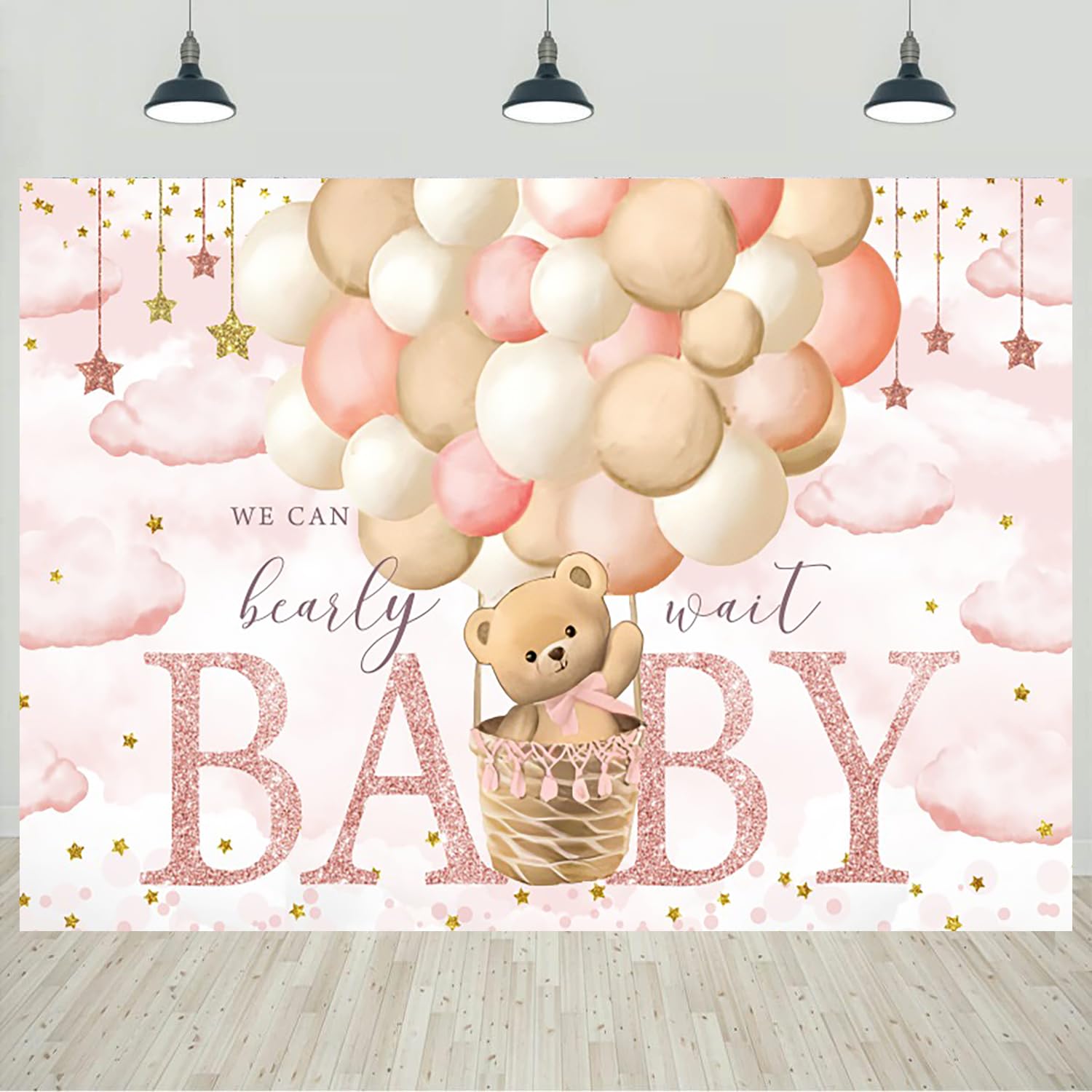 7x5ft Bear Baby Shower Backdrop Pink We Can Bearly Wait Balloons Photography Background for Girls Baby Shower Party Decorations Kids Portraits Banner