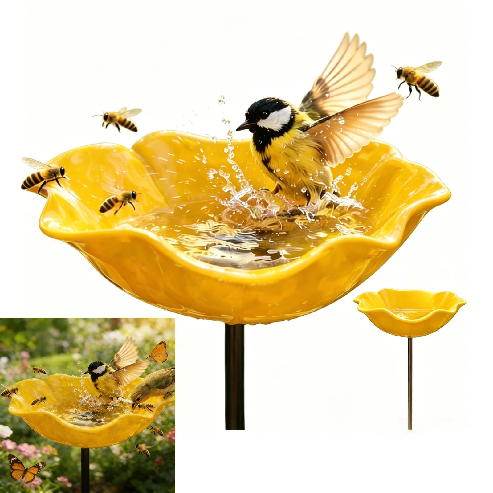 Handmade Metal Flower Garden Stake Bird Bath, Dual-Function Bee Bath & Bird Water Bowl for Garden with Colourful Flower Design, Metal Bird Bath Pollinator Water Station for Outdoor Yard Lawn Patio