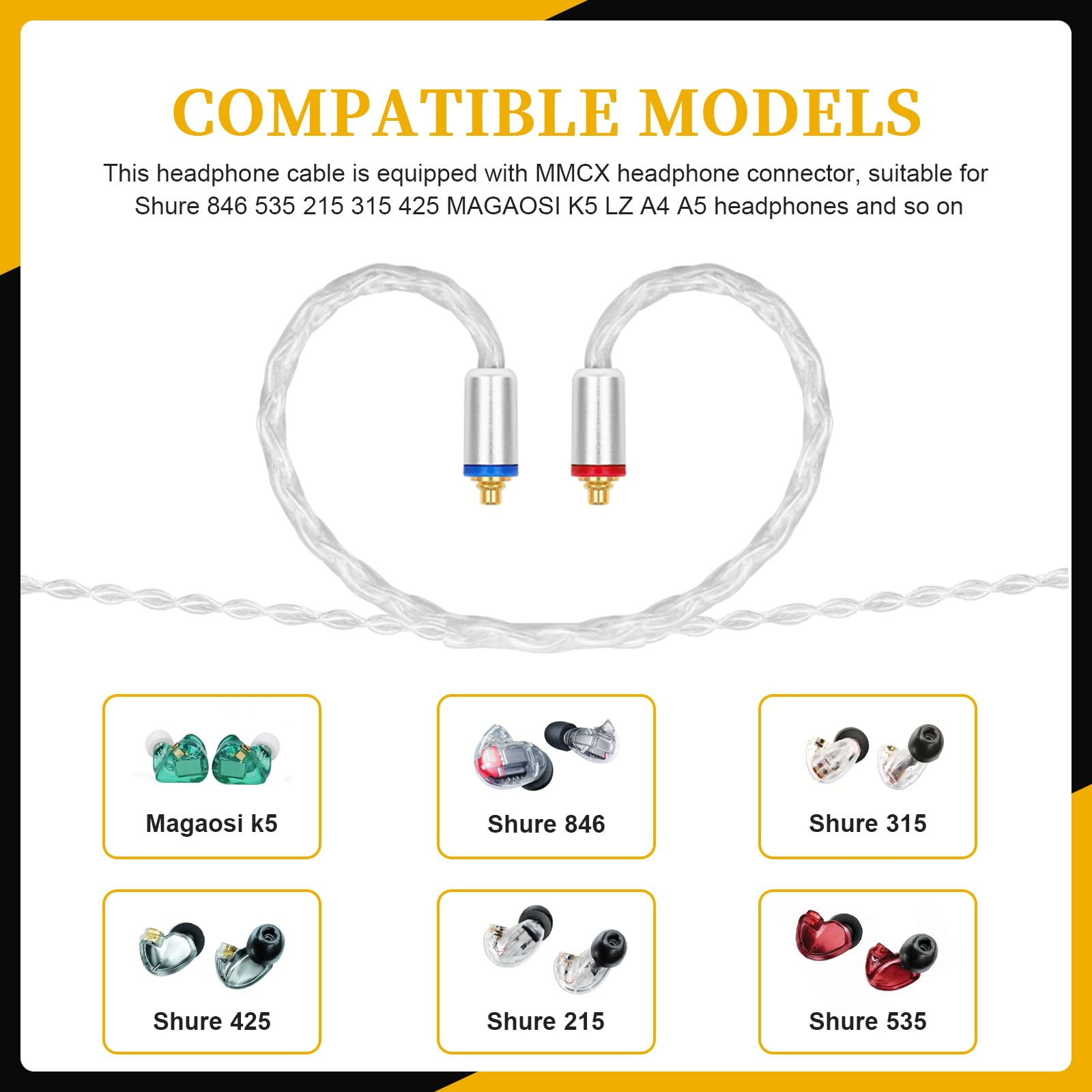 SE215 MMCX Cord Audio Exchange Cable Compatible with SHURE SE846 SE425 SE535LTD-J SE315 YINYOO PRO H5 HQ5 Better Earphones(Silver)