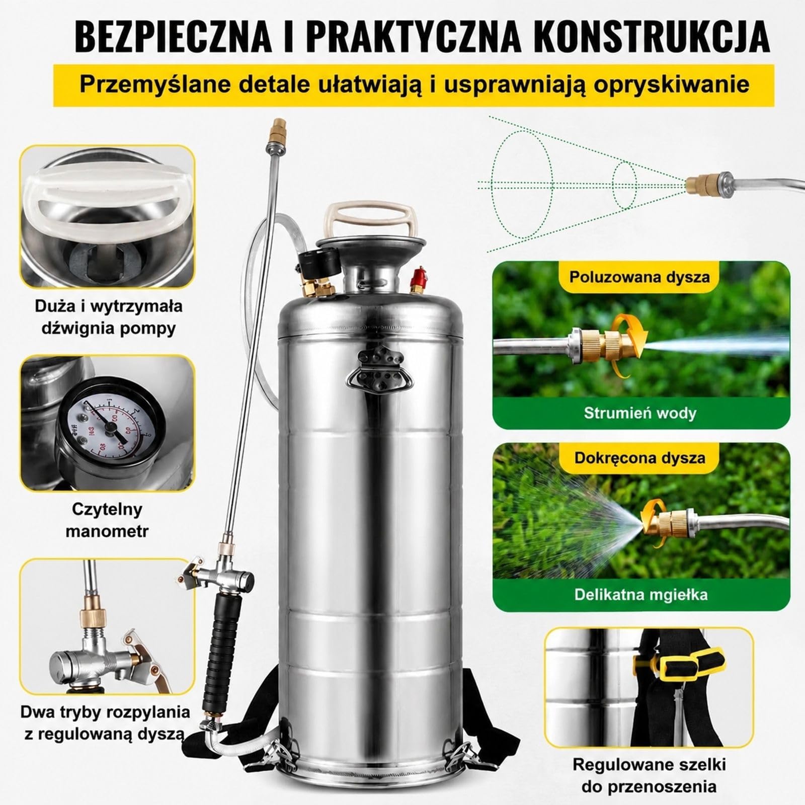 Opryskiwacz ciśnieniowy ze stali nierdzewnej 12 L z regulowaną dyszą, pompą ręczną i paskami na ramię do ogrodu oraz podłóg