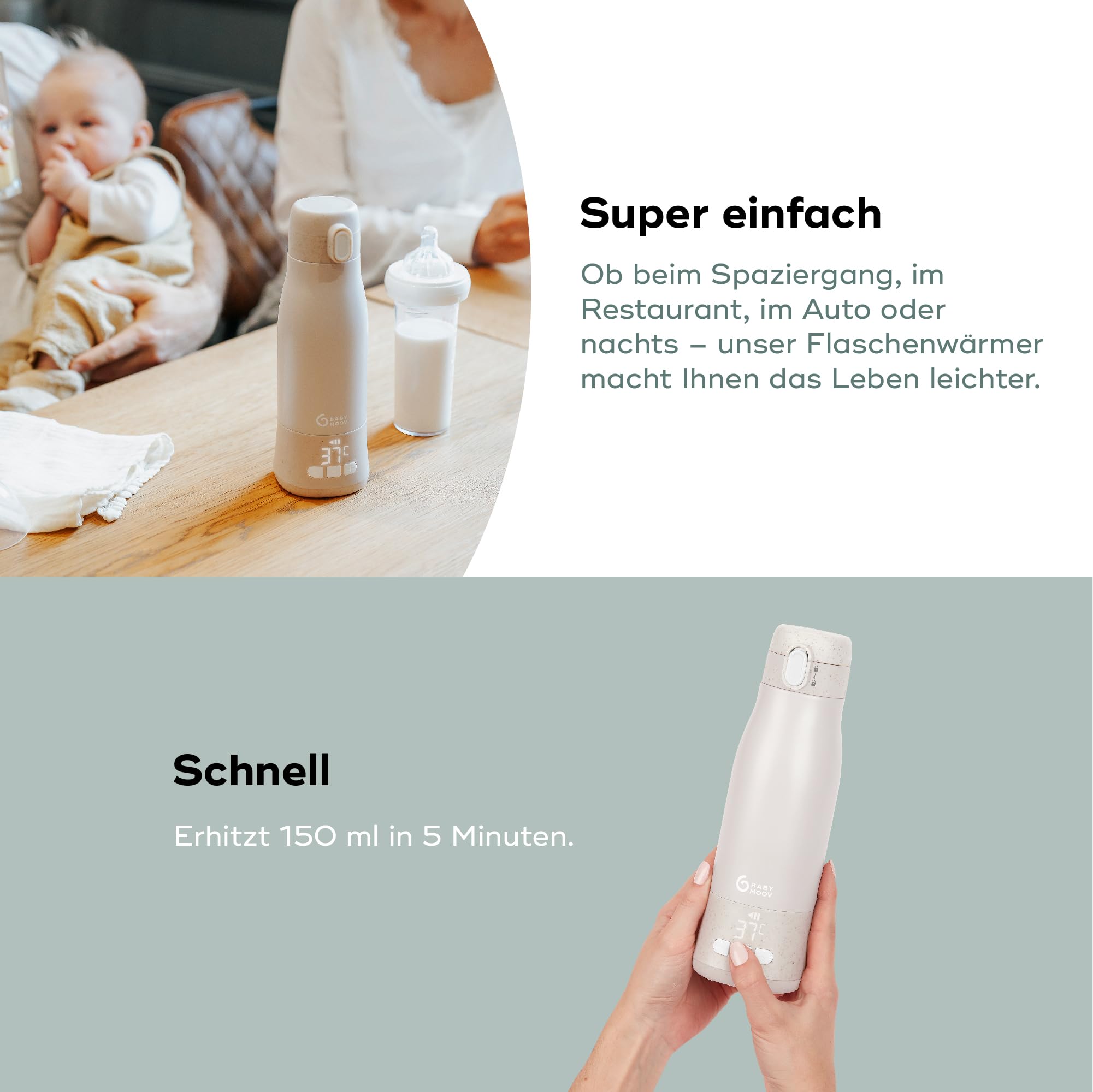 Babymoov Mobiler und kabelloser Flaschenwärmer Moov & Feed - Kapazität 340ml - Wasser oder Muttermilch - Einstellbare Temperatur - Warmhaltefunktion (bis zu 7 Stunden) -USB