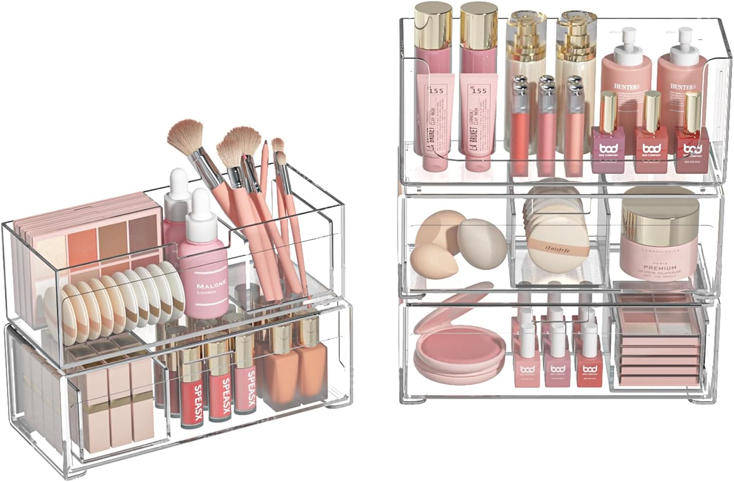 Stackable Storage Drawers Clear Plastic Storage Bins Bathroom Drawer Organizer Medicine Cabinet Organizer Makeup Organizers w Removable Divider Home Workspace Office Desktop Vanity Gift Idea 4Pack