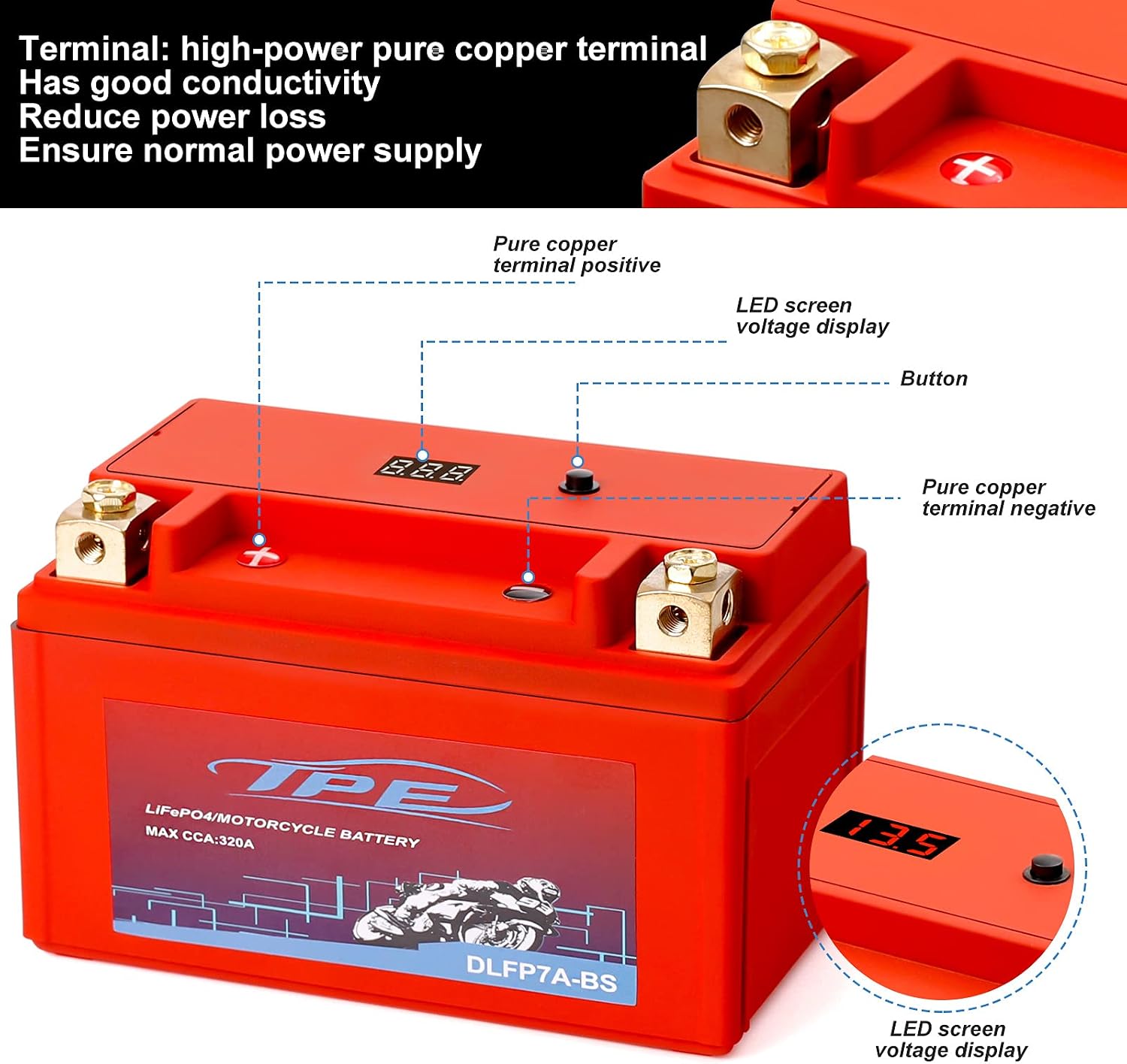 Lithium Motorcycle Battery YTX7A-BS 12V Lithium Powersport Battery with Smart Battery Management System, LiFePO4 Engine Start Battery 5AH 320 CCA Starting Batteries for Motorcycles and ATVs DLF7A-BS