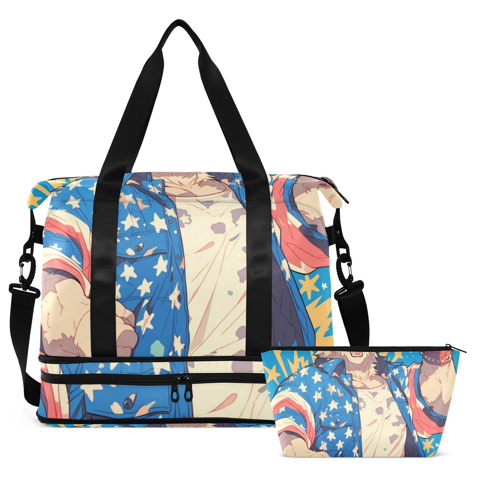 Reisetasche mit niedlichem Cartoon-Bär, patriotische Farbe, Reisetasche, mit Nassfach, verstellbarer Riemen, für Fitnessstudio, Handgepäck, für Reisen, faltbar, für Männer und Frauen