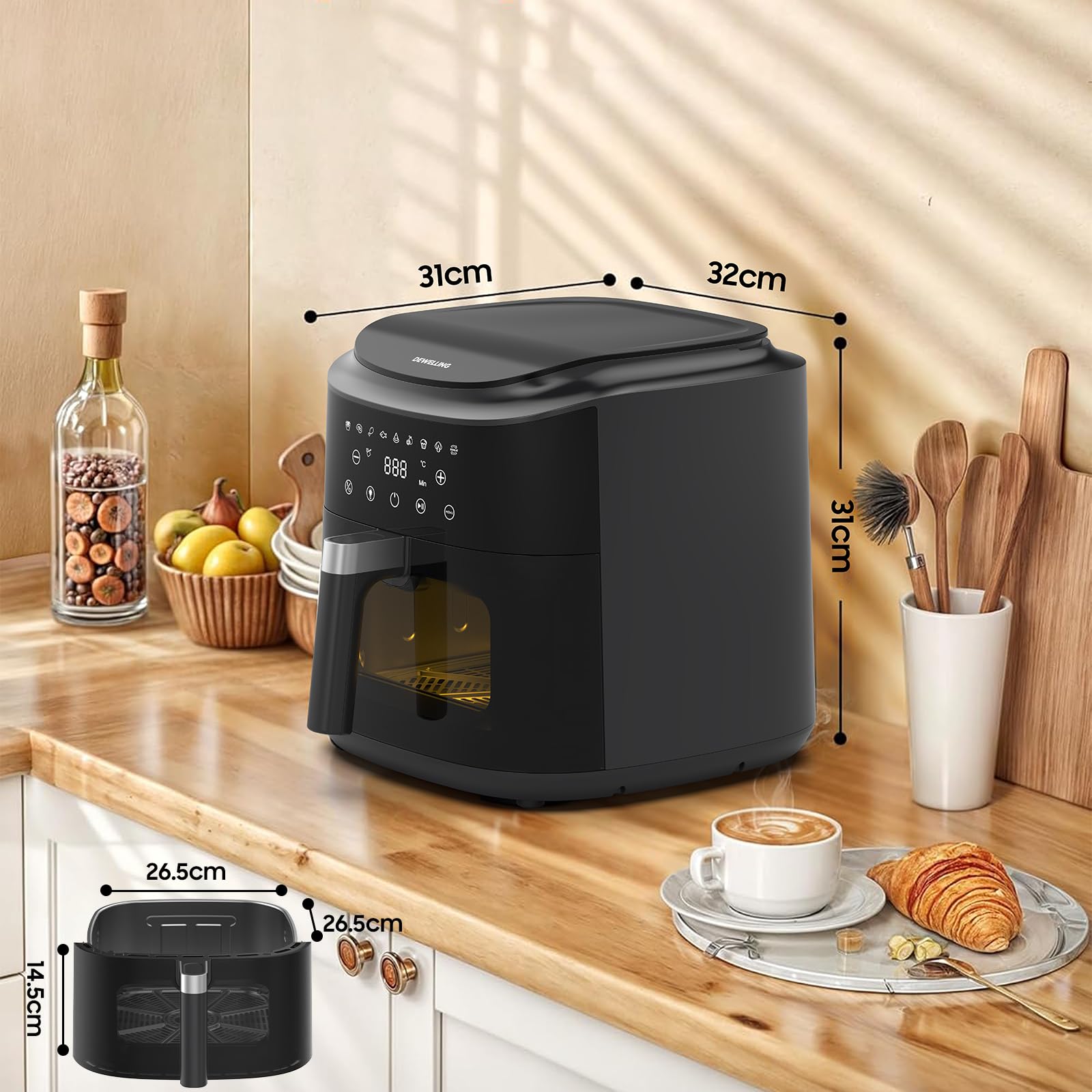 Air Fryer XXL 9 L - 2350 W Friteuse à air avec grande fenêtre, cuisson rapide, 9 programmes, écran tactile LED, alimentation secteur et intérieur en métal