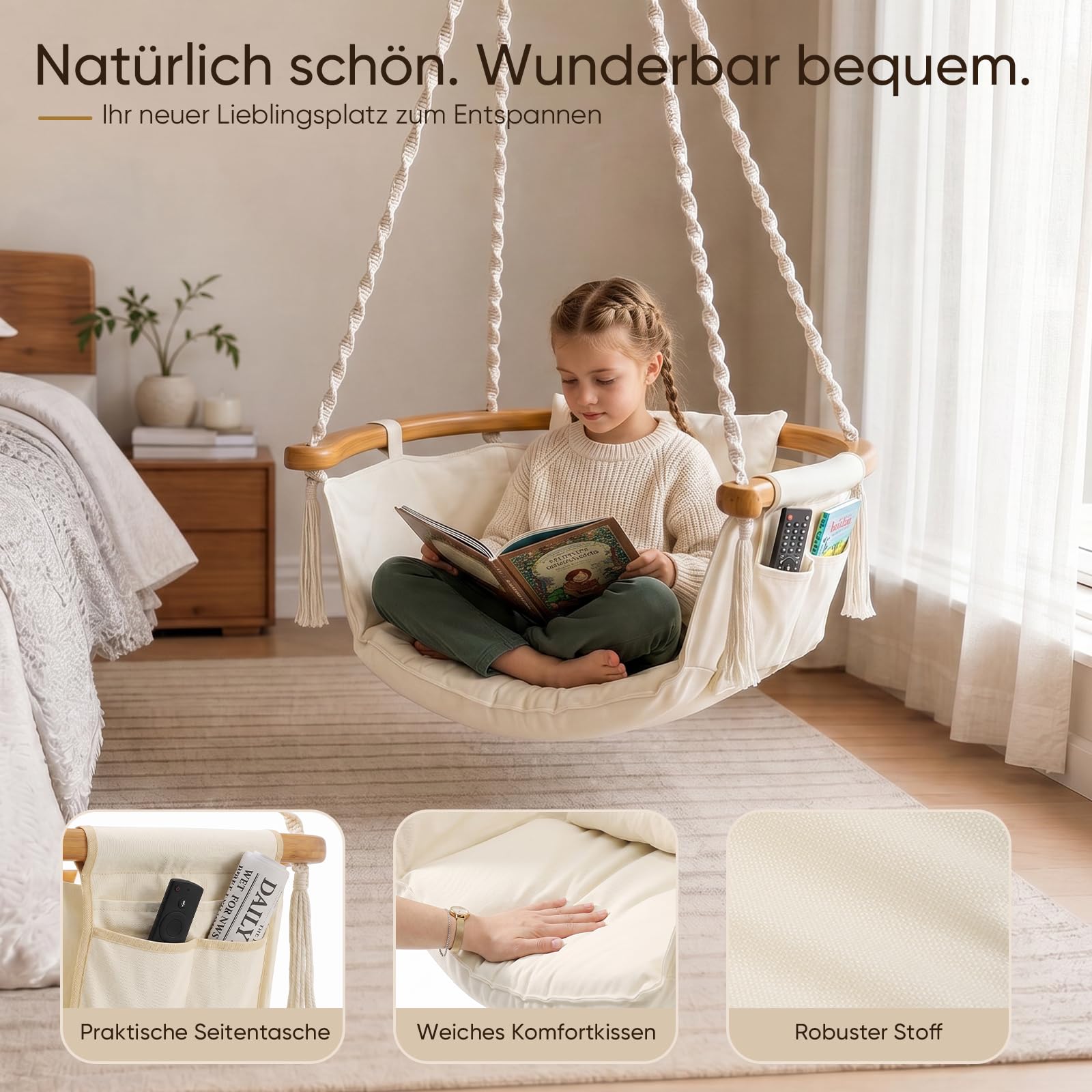 Sekey Hängesessel mit Flexibler Seitentasche & Kissen - Boho Hängestuhl bis 120 kg - Gebogener Bambusstab & Spiralseile - Hängeschaukel für Balkon, Garten & Indoor, Beige