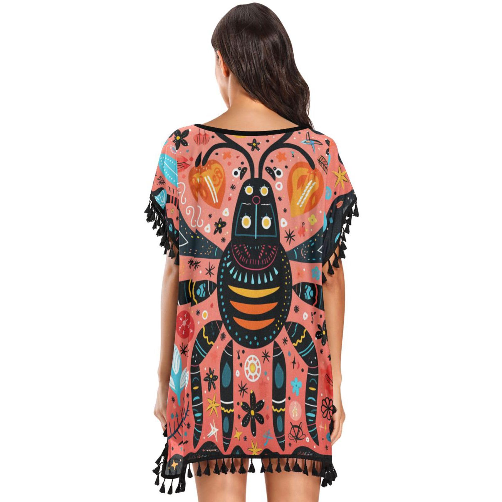 Black Art Lobster Starfish Women's Beach Cover Up Chiffon Tassel Swimwear Swimsuit Coverups for Girl