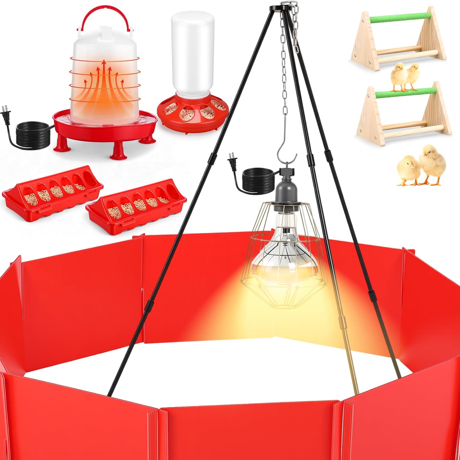 8 Pcs Chick Starter Kit Include Chicken Brooding Box with 75w Heat Lamp, Heated Chicken Waterer and Feeder, Chick Perch, Flip Top Poultry Feeder for Duck Goose Quail
