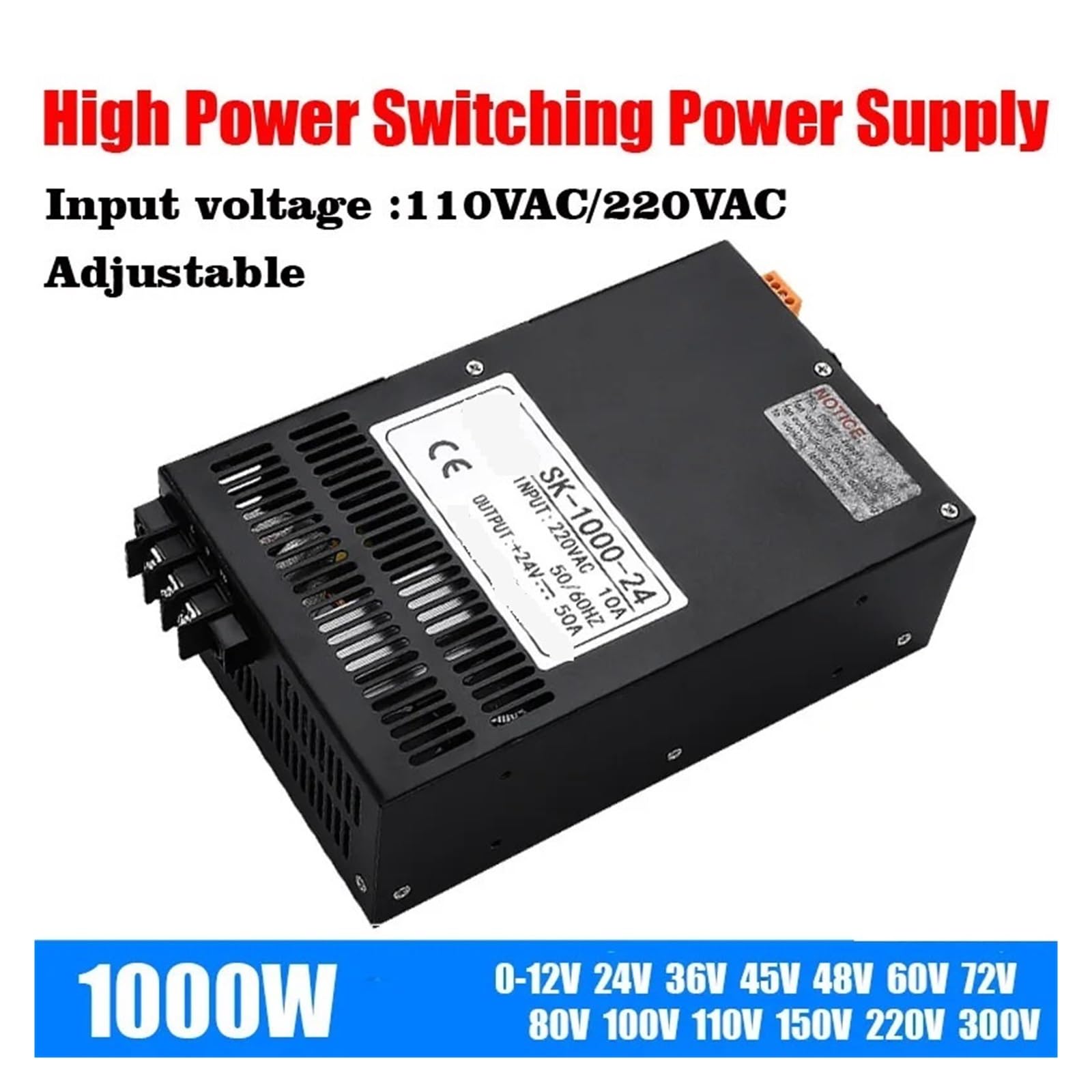 1000 W Uniwersalny Regulowany Zasilacz Impulsowy 0-12 V 15 V 24 V 36 V 48 V 60 V 72 V 300 V AC/DC Zasilacz Transformator Do CNC CCTV Wszechstronny i wydajny(0-300V)