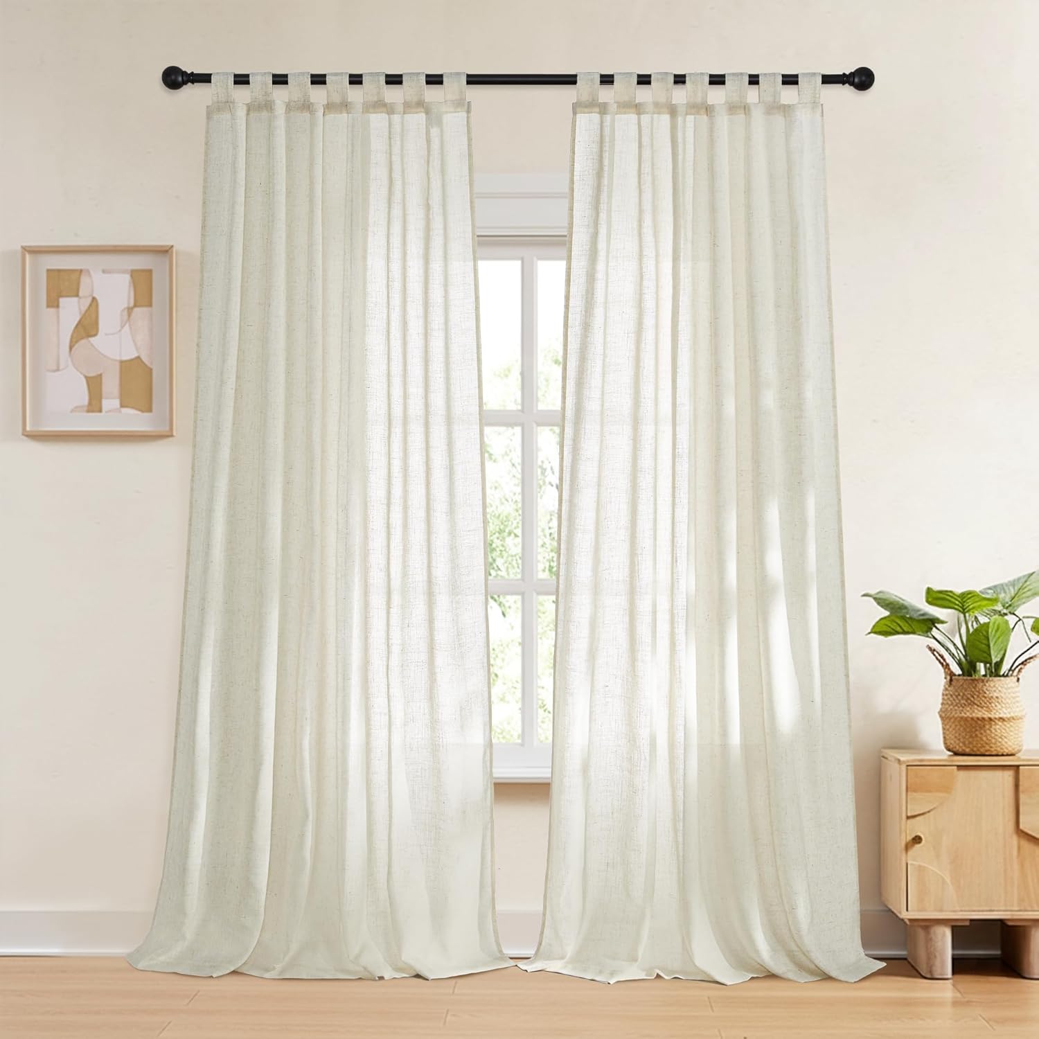 RYB HOME Linen Sheer Curtains 84 inch Long - Semi Sheer Curtains Linen Textured Tab Top Window Drapes Light Glare Filtering Privacy for Living Room Bedroom, 52 Wx 84 L, 1 Pair