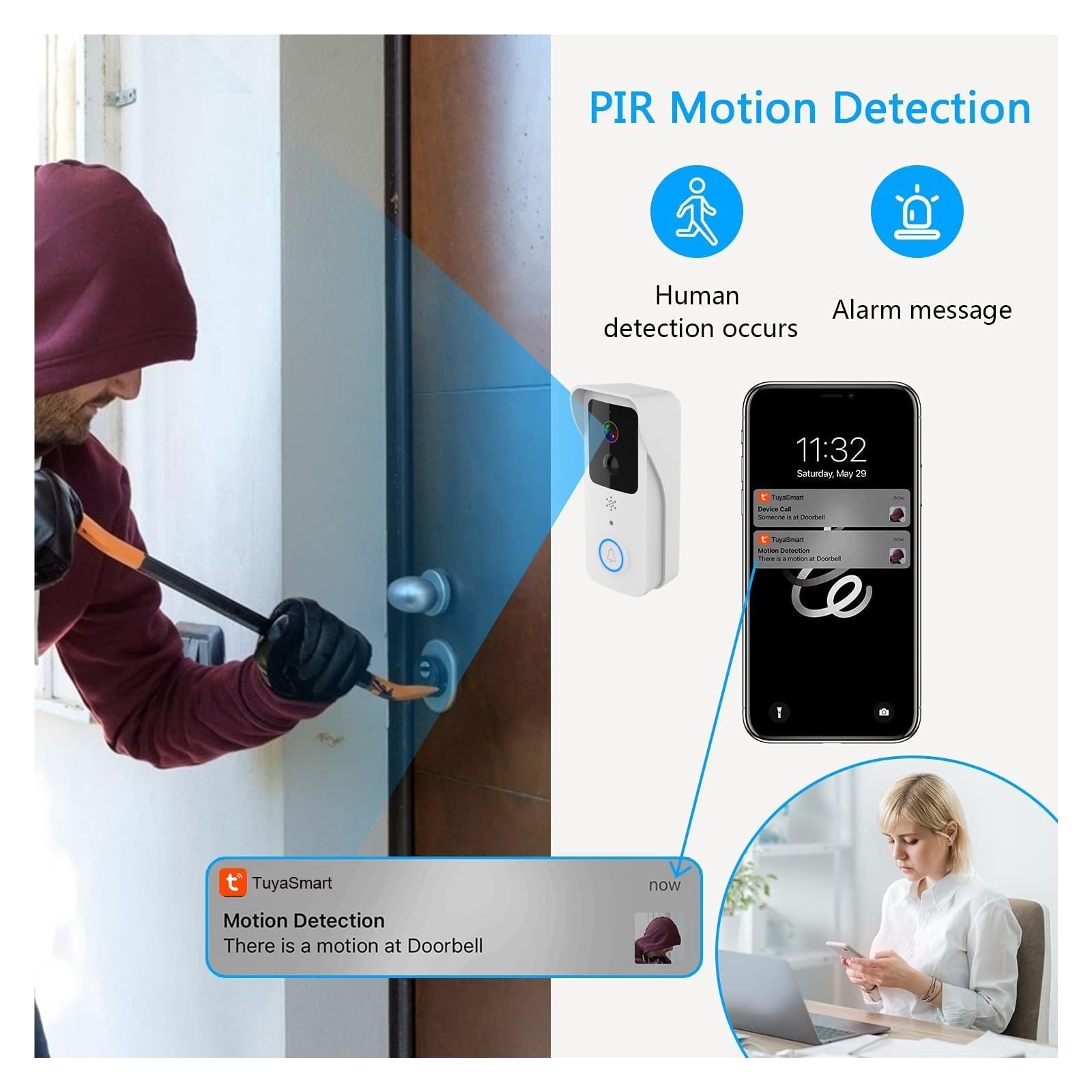 A person attempting to break into a door, with the doorbell detecting motion and sending an alert to a smartphone, demonstrating the PIR motion detection feature.