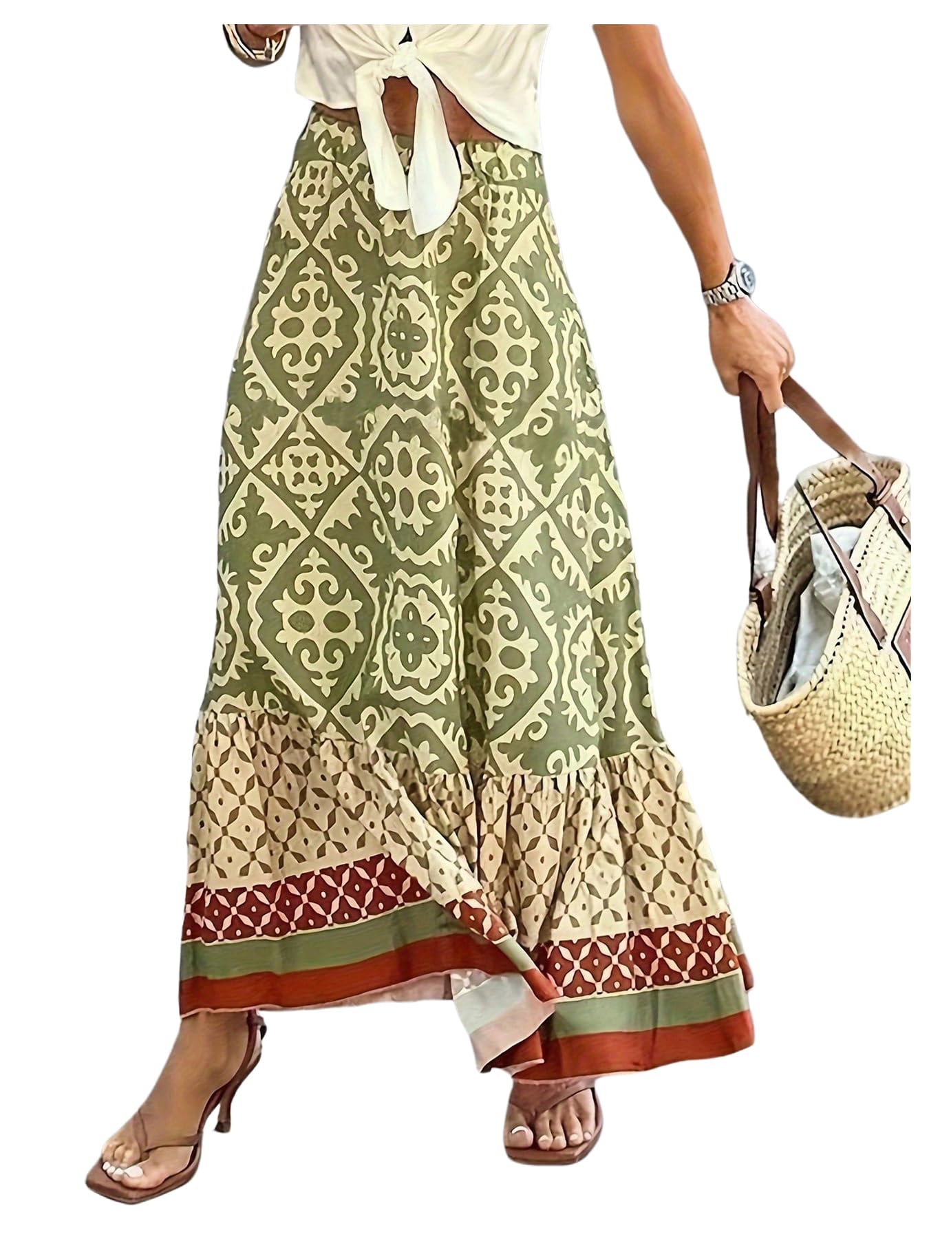 GORGLITTER Womens Boho Western Ruffle Flowy Maxi Skirt Trendy Summer Graphic Elastic High Waisted Beach Long Skirts