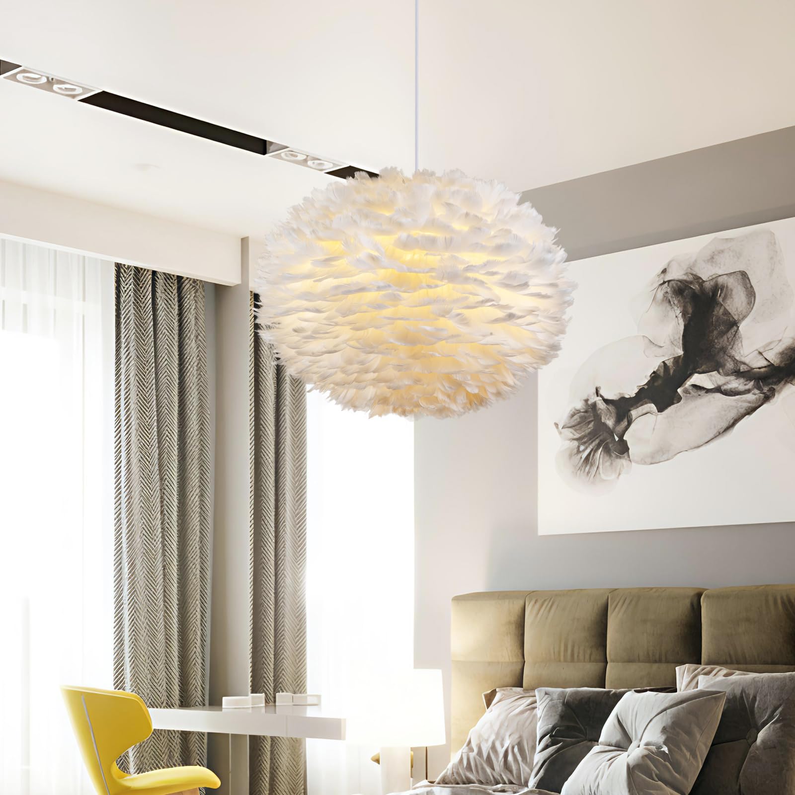 Photo 1 of NZV White Feather Pendant Light for Bedroom 15.8in White Chandelier for Girls Room Beautiful Feathers Lights Fixture Modern Hanging Ceiling Lighting for Dining Room Kitchen Island Bedroom Foyer